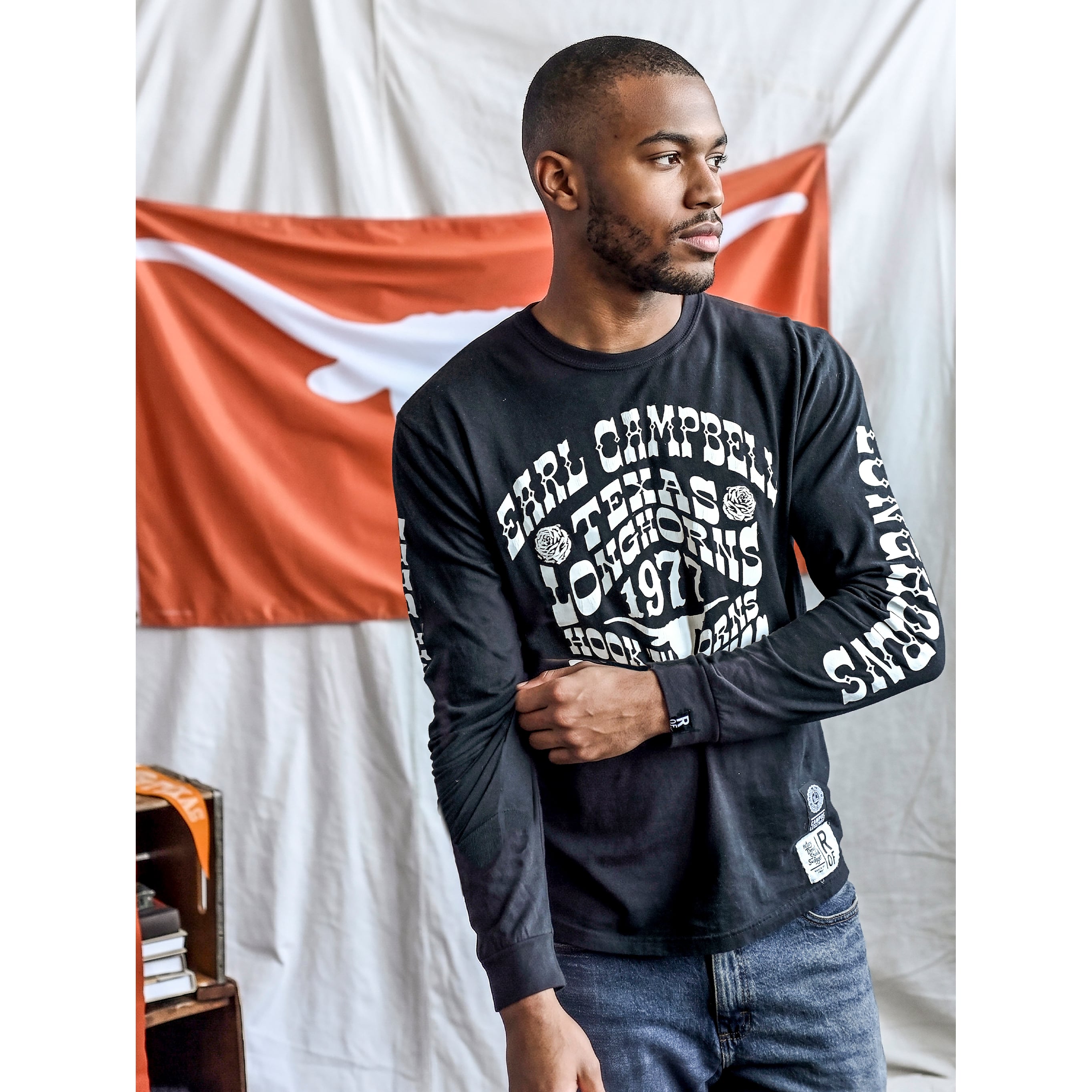 Unisex Roots of Fight x Texas Longhorns Earl Campbell Black Long Sleeve T-Shirt