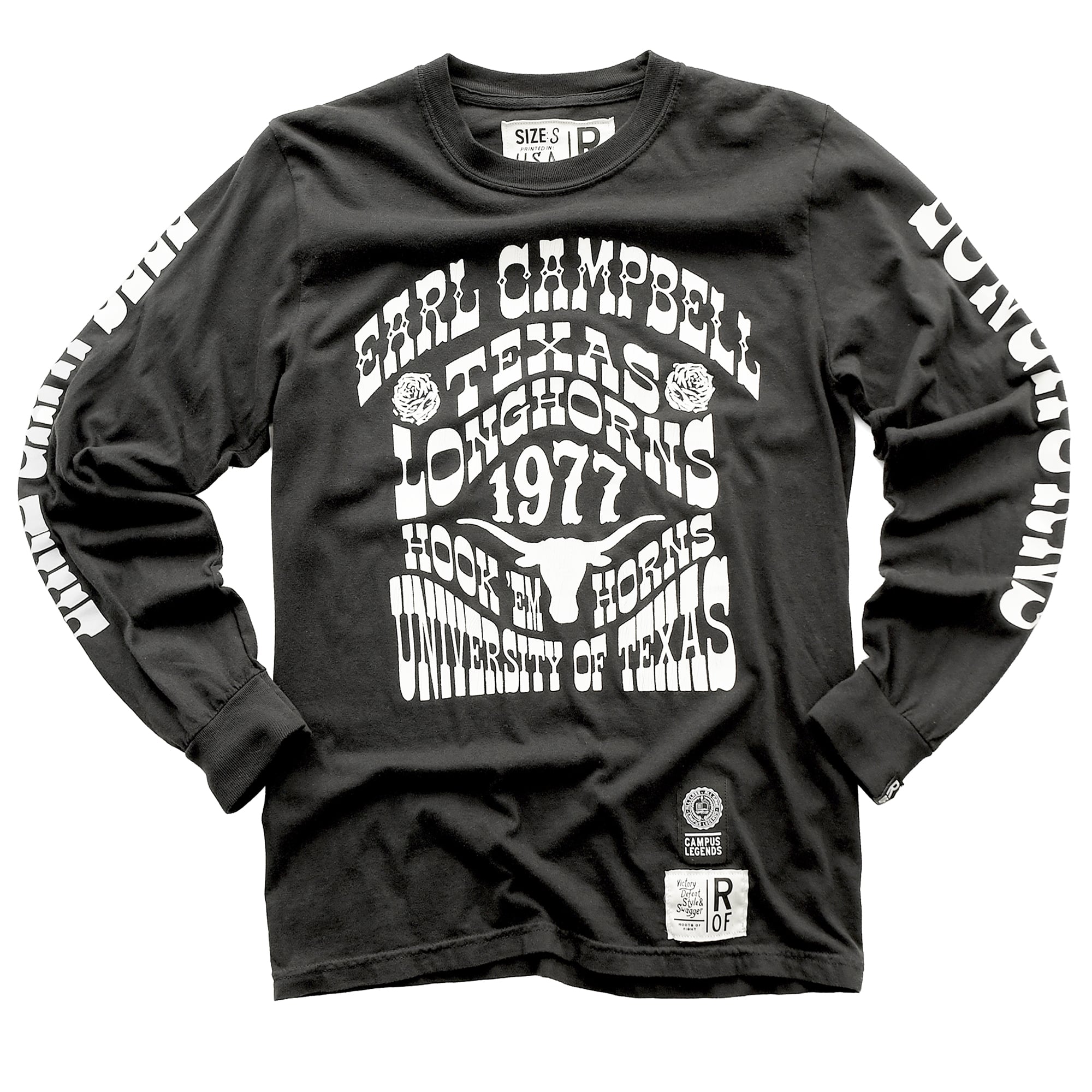 Unisex Roots of Fight x Texas Longhorns Earl Campbell Black Long Sleeve T-Shirt