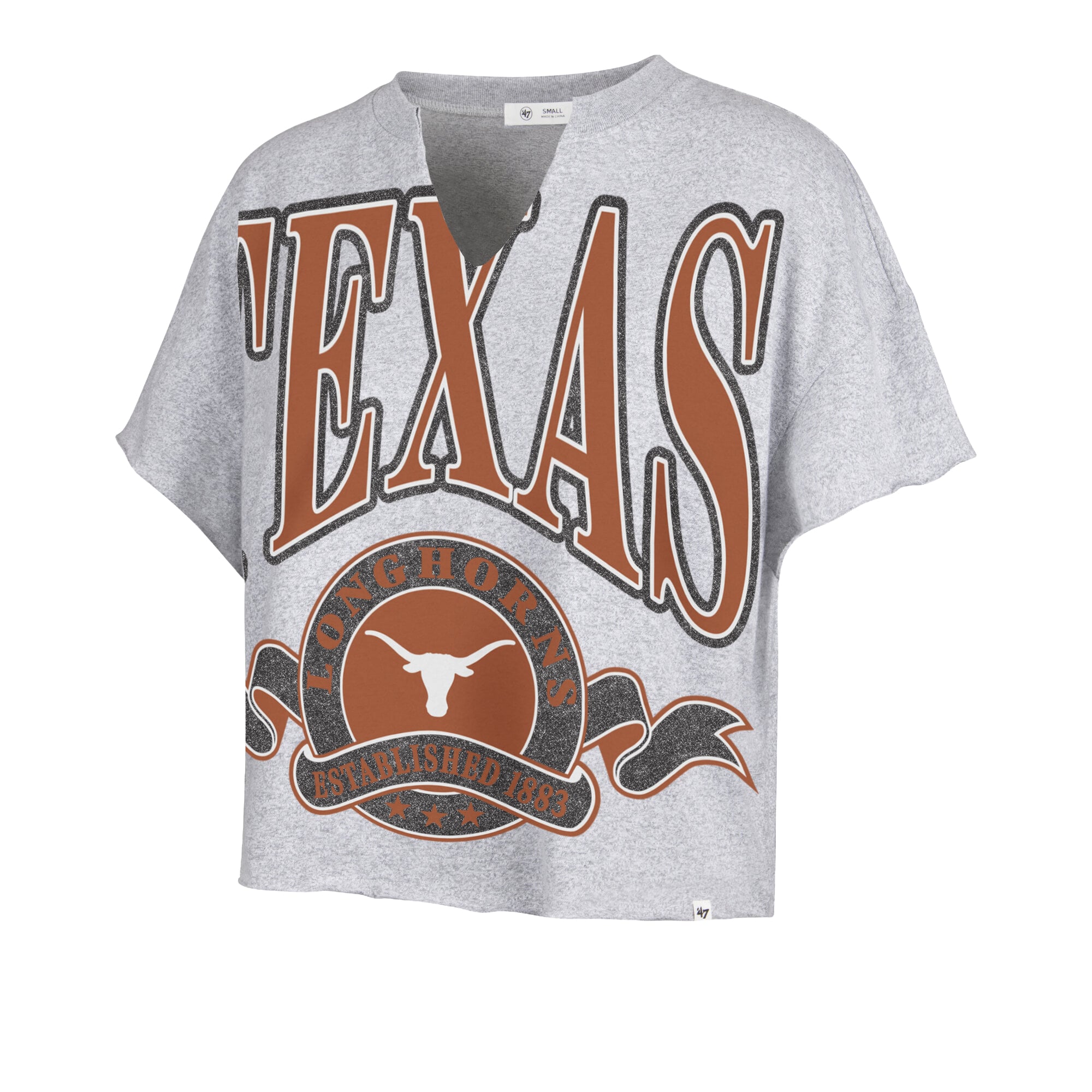 Women's '47 Gray Texas Longhorns Banners Out Oversized Notch-Neck T-Shirt