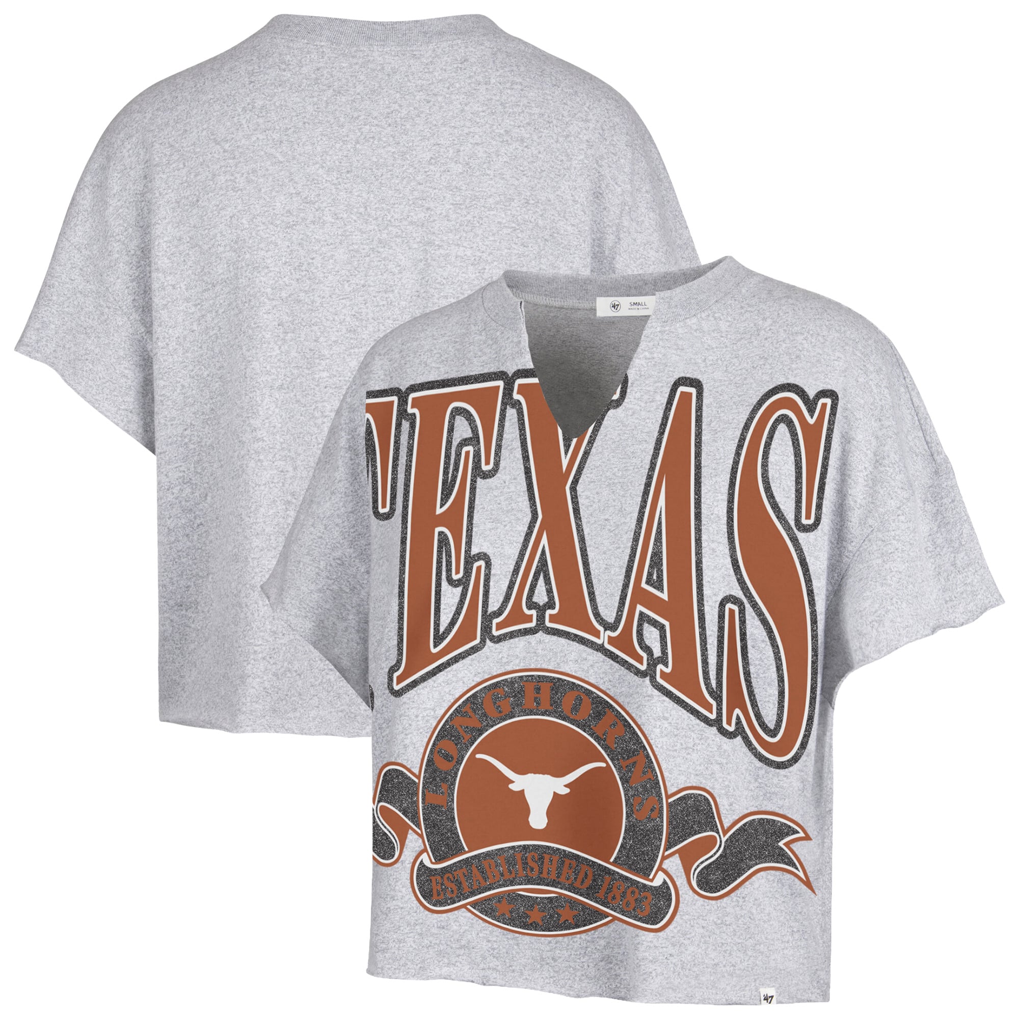 Women's '47 Gray Texas Longhorns Banners Out Oversized Notch-Neck T-Shirt