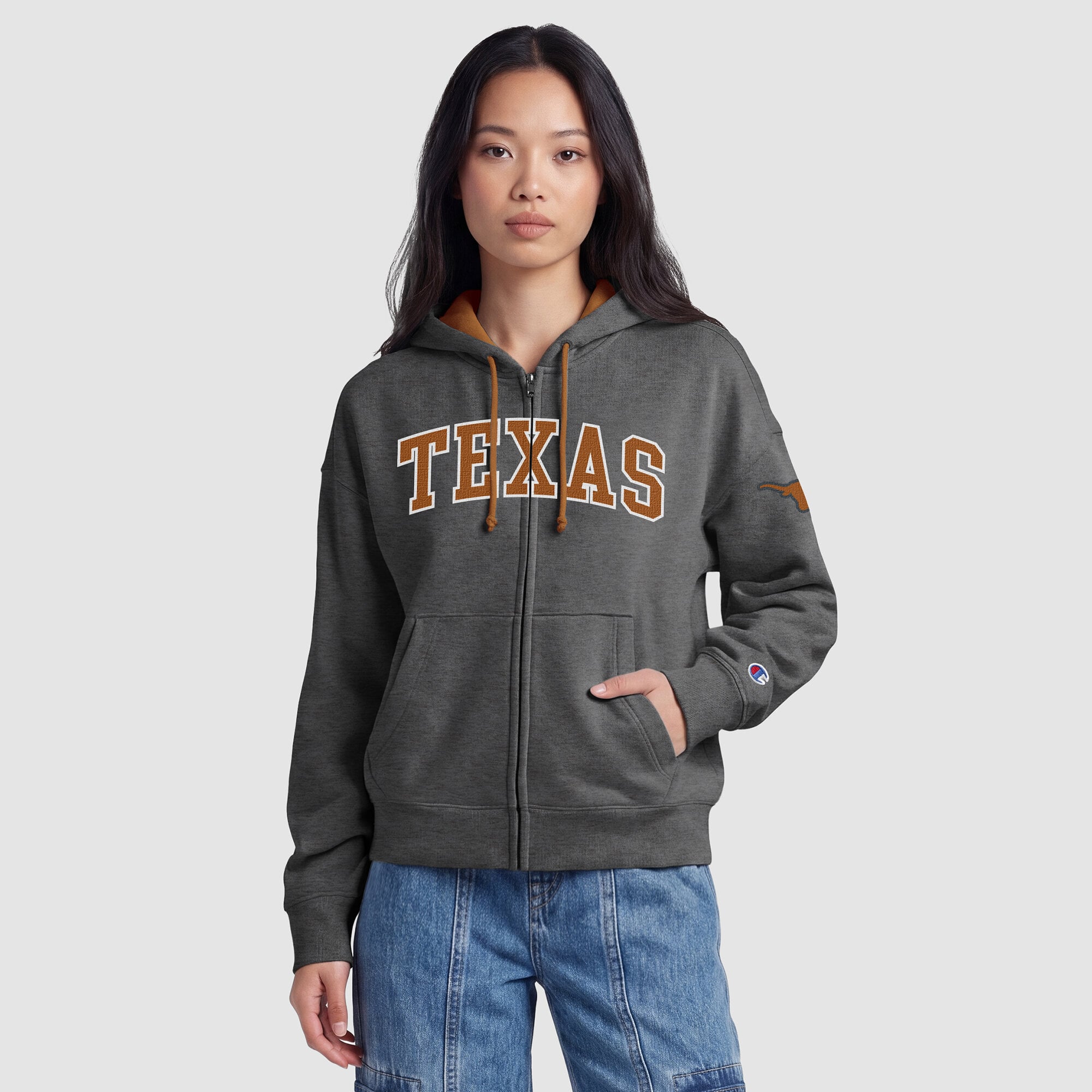 Sweat à capuche zippé en polaire Champion pour femme, gris chiné, motif Texas Longhorns Arch.