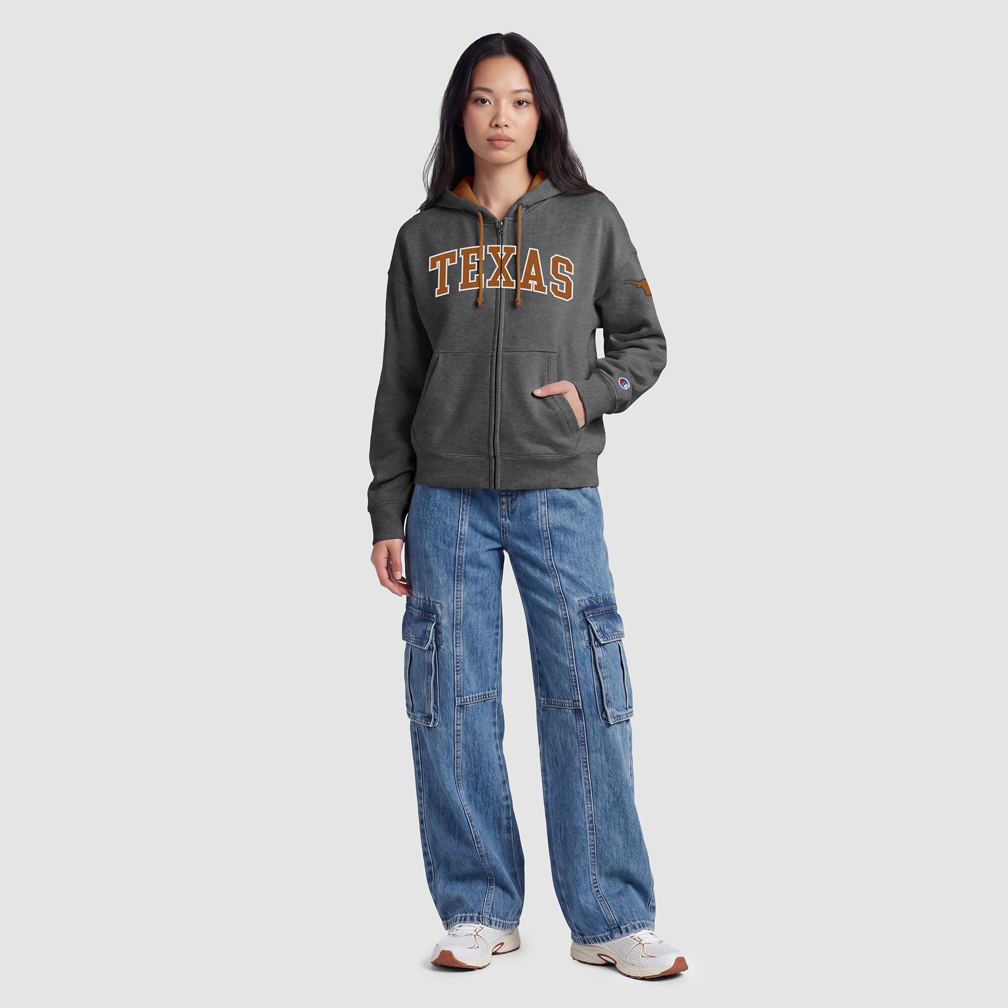 Sweat à capuche zippé en polaire Champion pour femme, gris chiné, motif Texas Longhorns Arch.