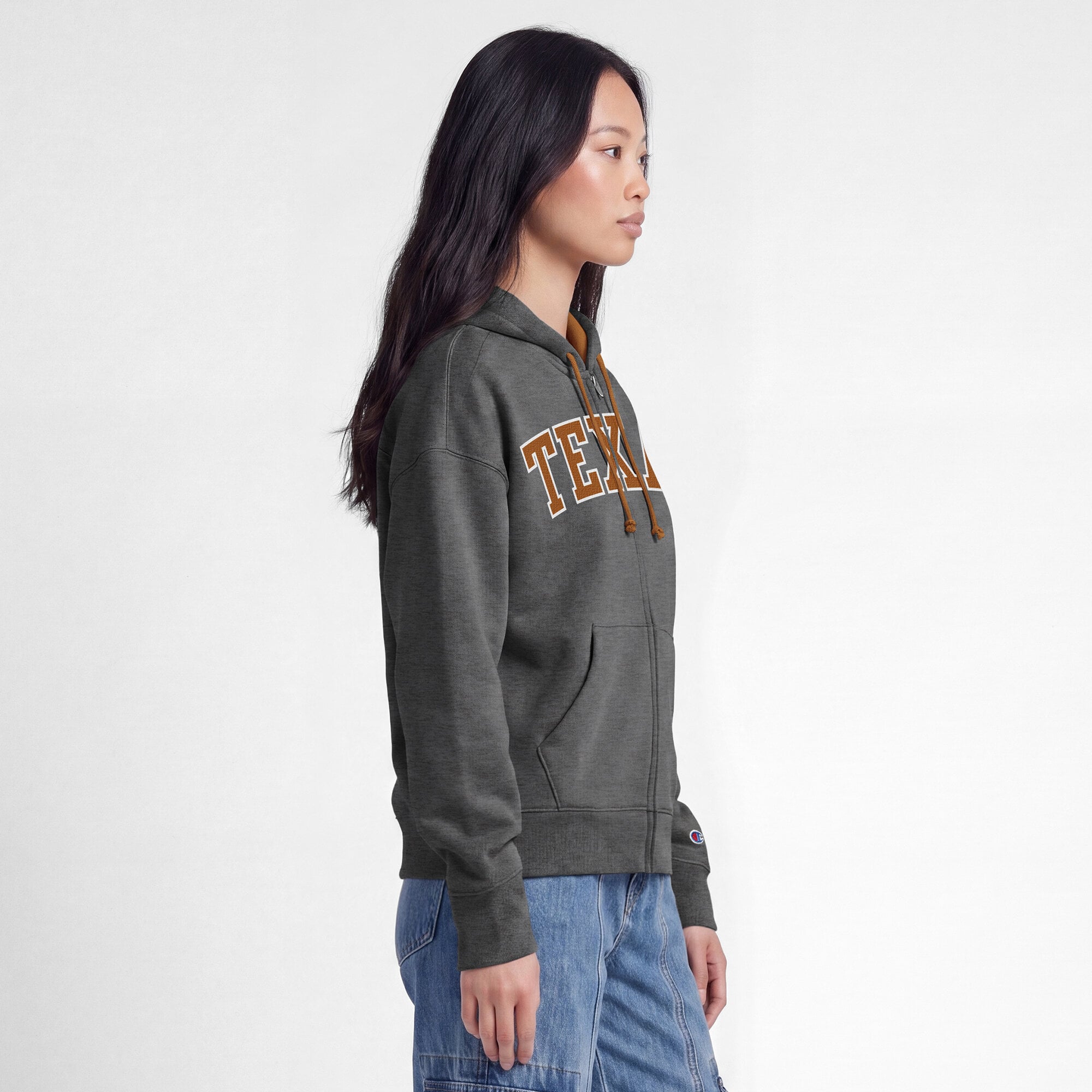 Sweat à capuche zippé en polaire Champion pour femme, gris chiné, motif Texas Longhorns Arch.
