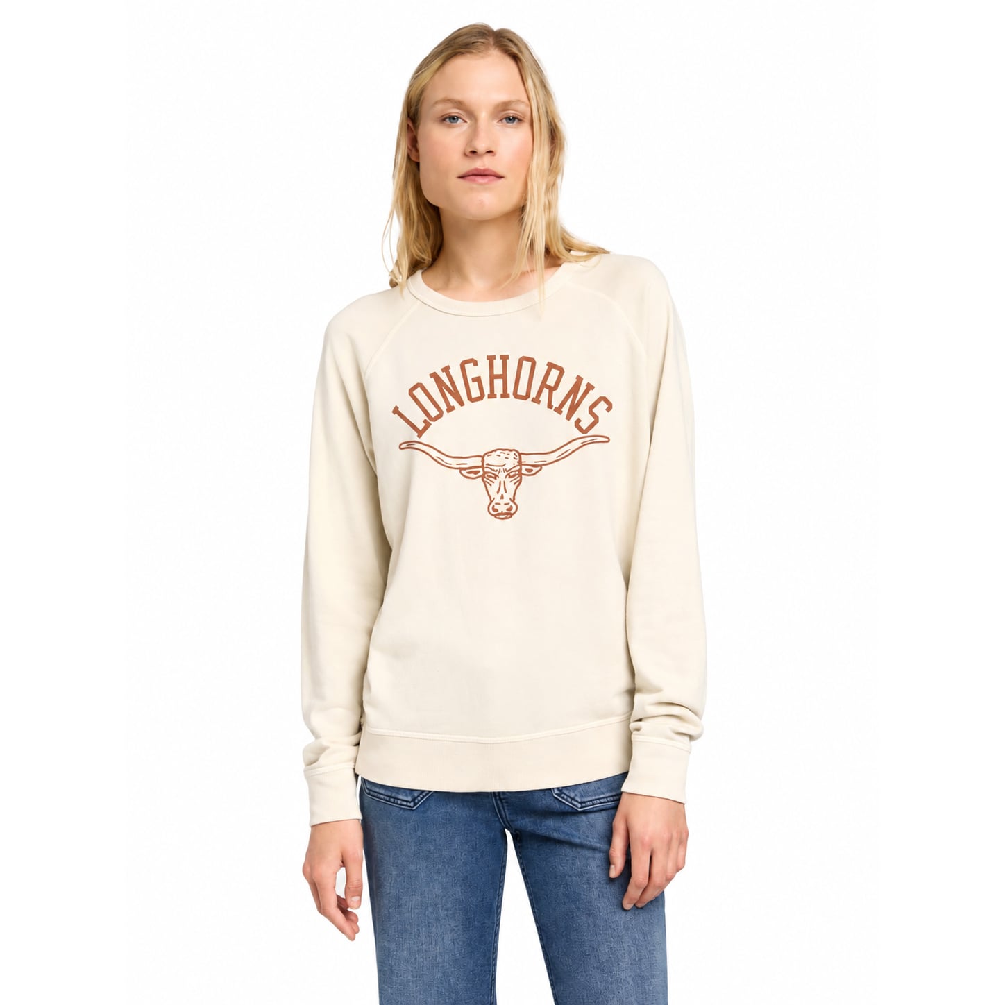 Sweat-shirt FAHERTY pour femme, couleur beige, motif Texas Longhorns Coastal Cloud