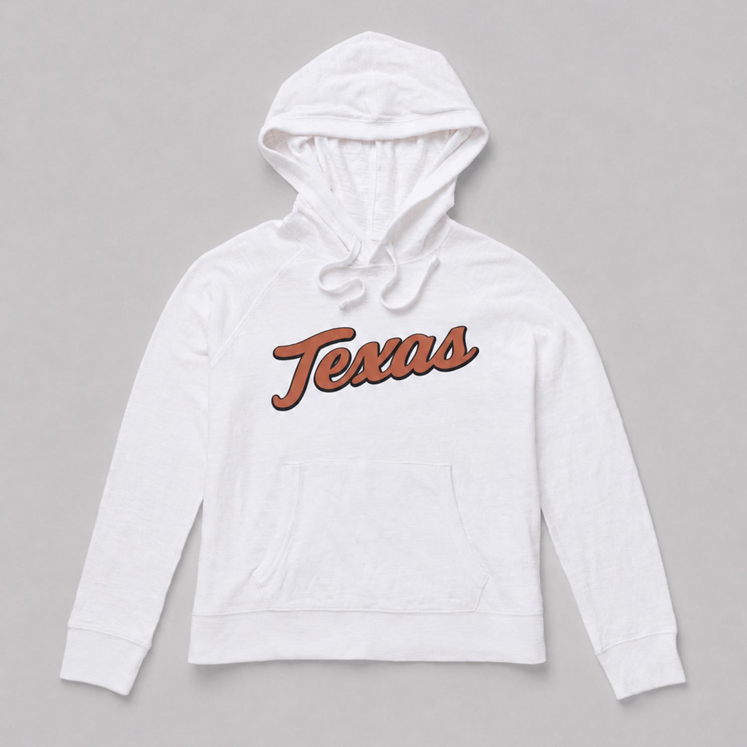 Sweat à capuche FAHERTY blanc pour femme, motif Texas Longhorns, en tissu flammé délavé.