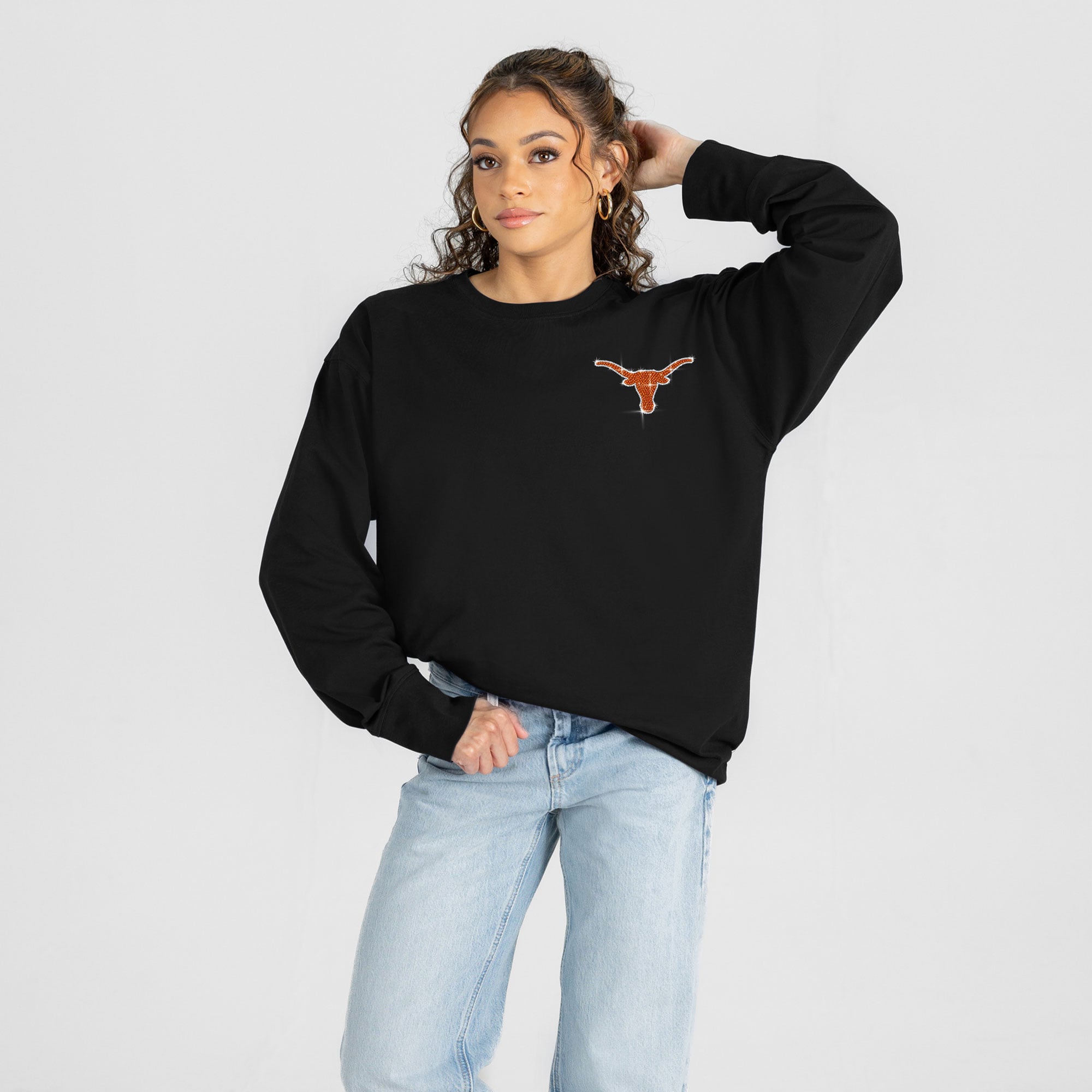 T-shirt à manches longues noir Texas Longhorns Light It Up strass pour femmes, collection Gameday Couture