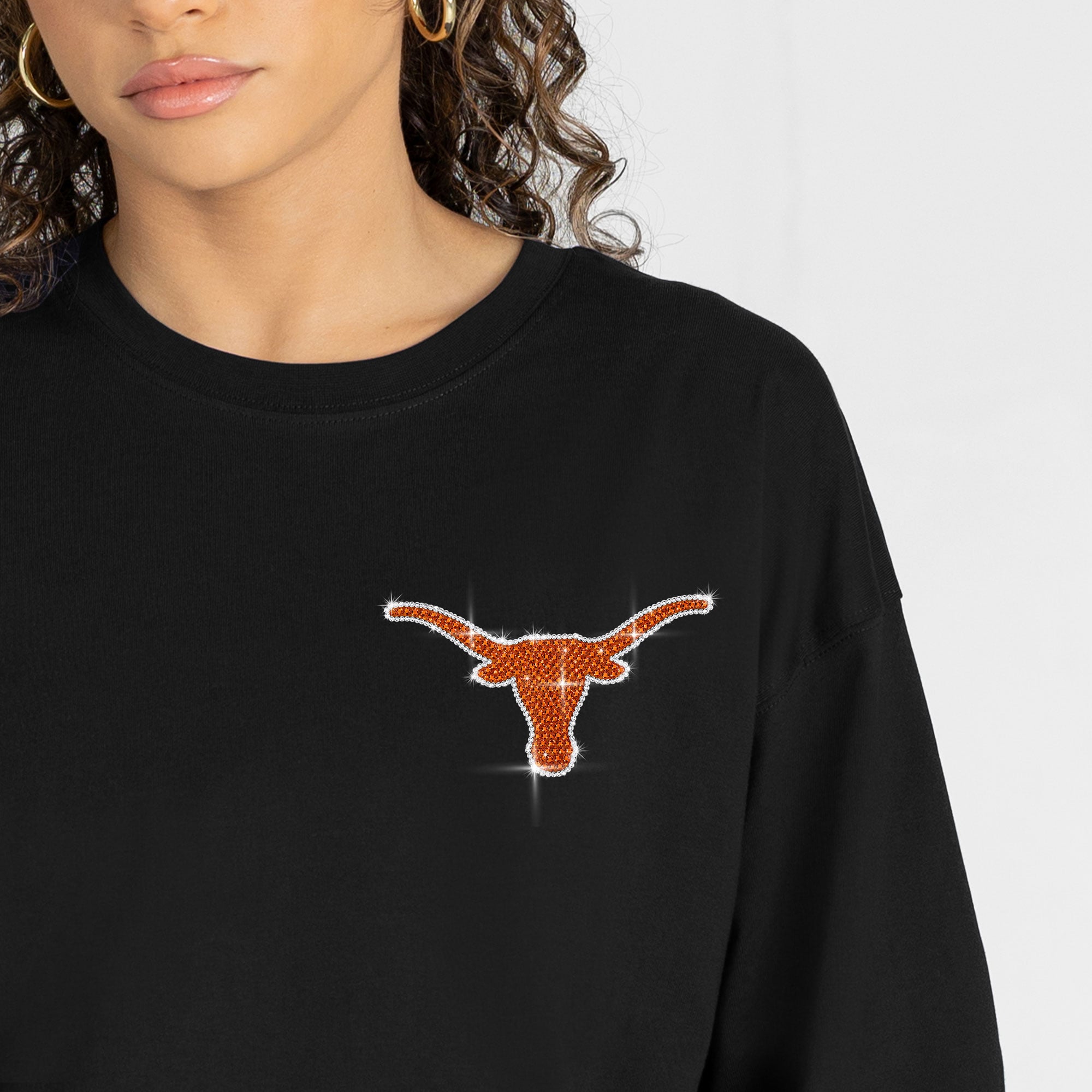 T-shirt à manches longues noir Texas Longhorns Light It Up strass pour femmes, collection Gameday Couture