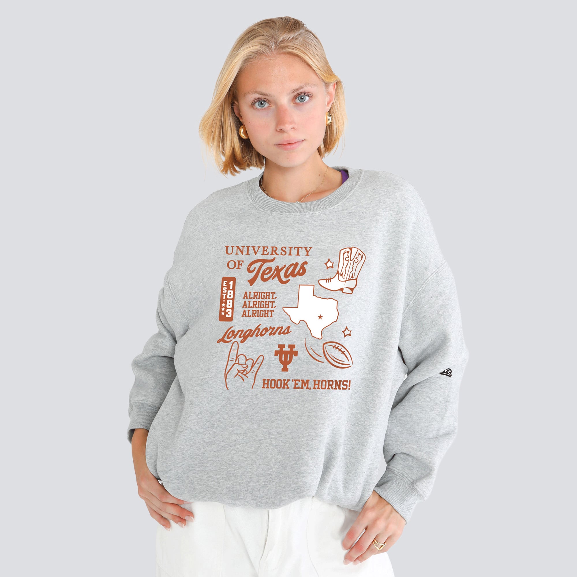 Sweat-shirt à col rond Hype and Vice pour femme, gris chiné, motif Texas Longhorns Icon Offside