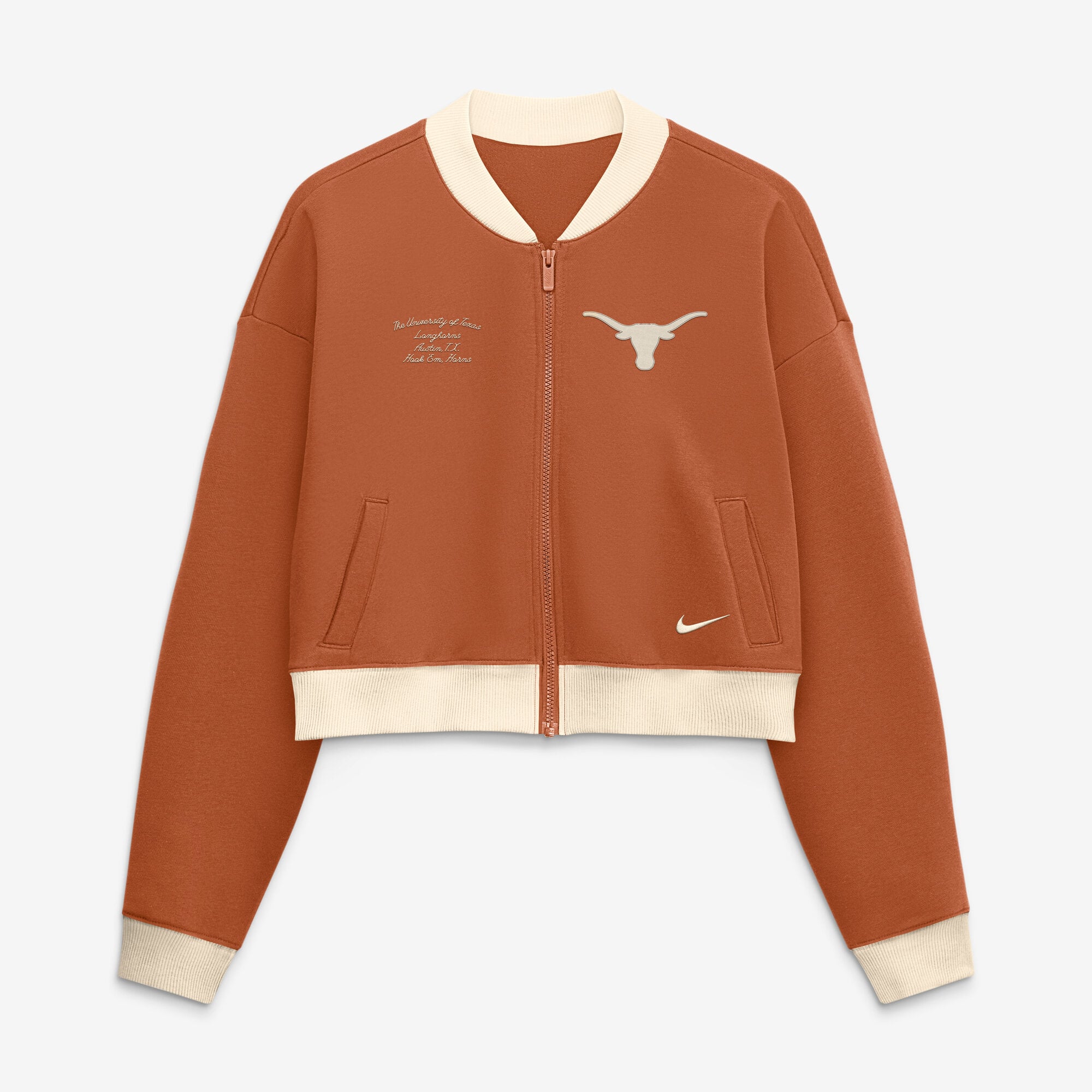 Veste bomber zippée courte et oversize Nike Texas Orange Longhorns pour femme