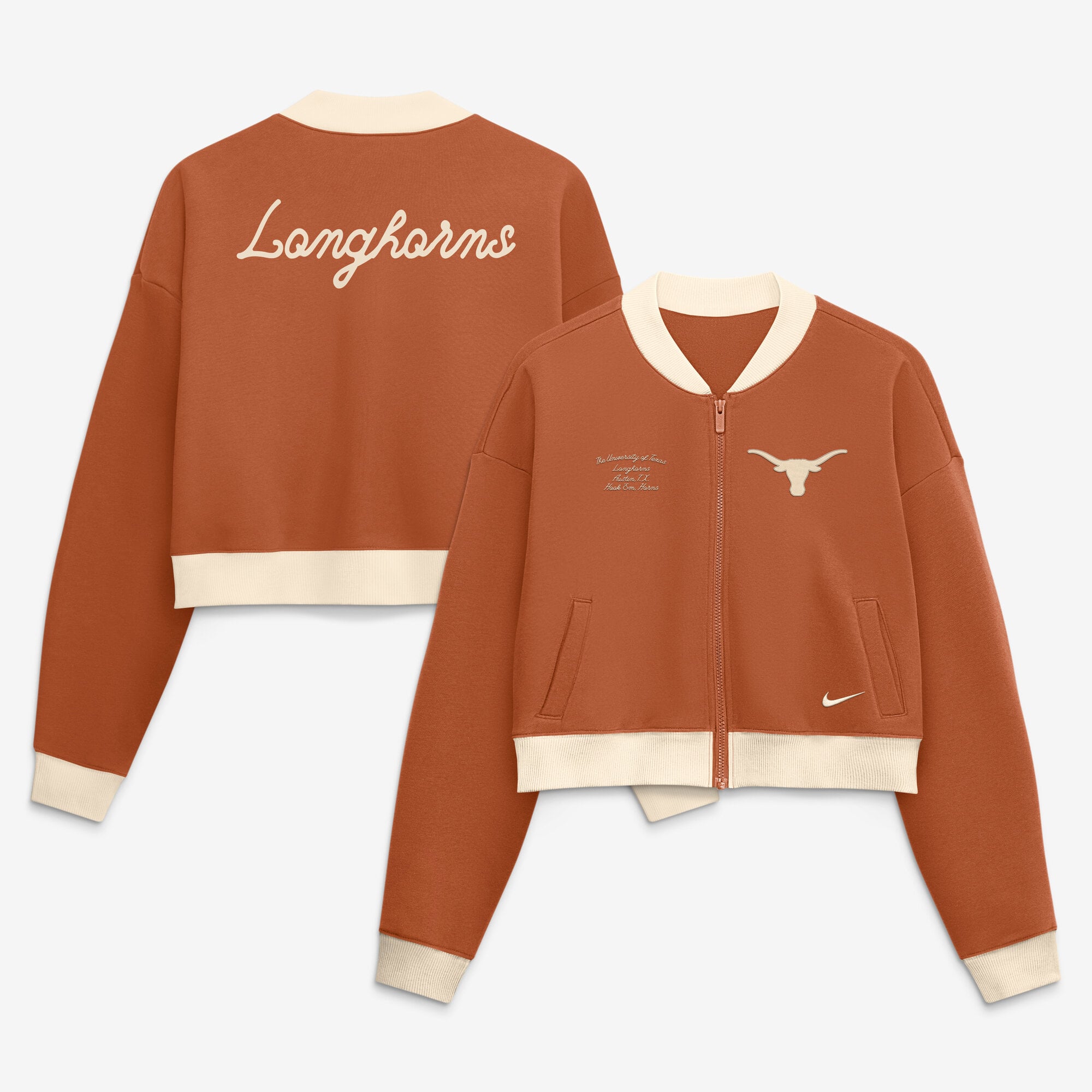 Veste bomber zippée courte et oversize Nike Texas Orange Longhorns pour femme