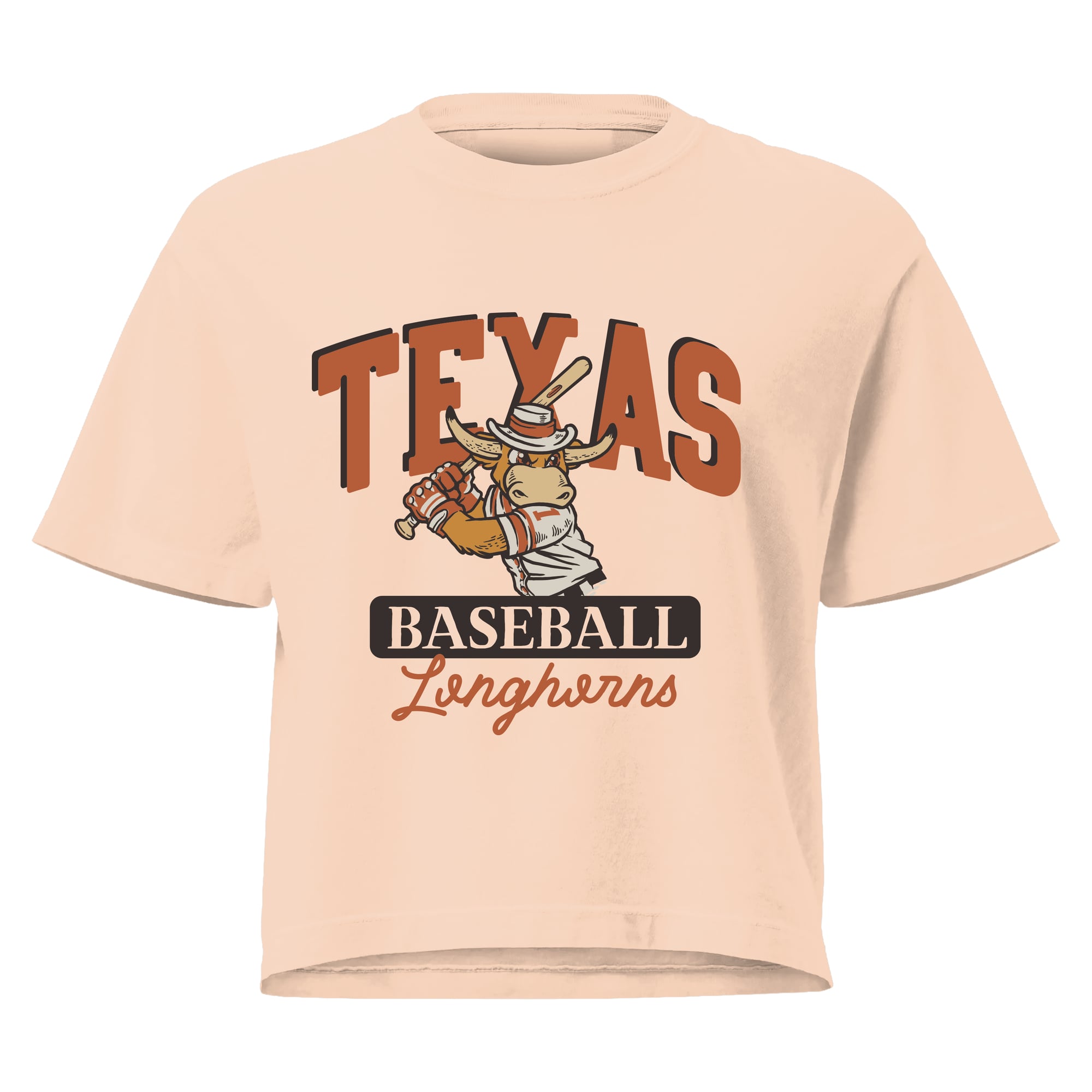 T-shirt court pour femme, orange, Texas Longhorns, couleurs confortables, mascotte de baseball