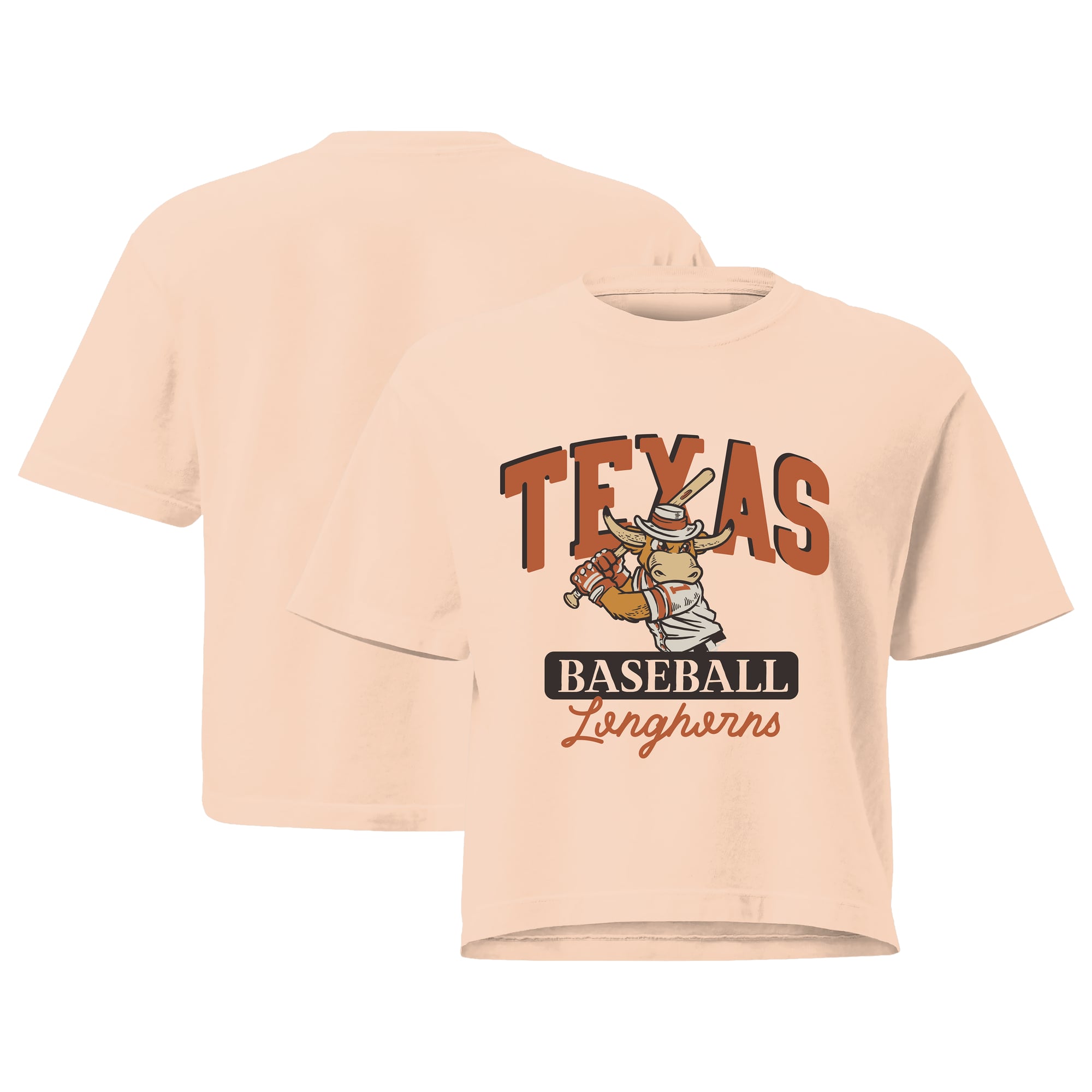 T-shirt court pour femme, orange, Texas Longhorns, couleurs confortables, mascotte de baseball