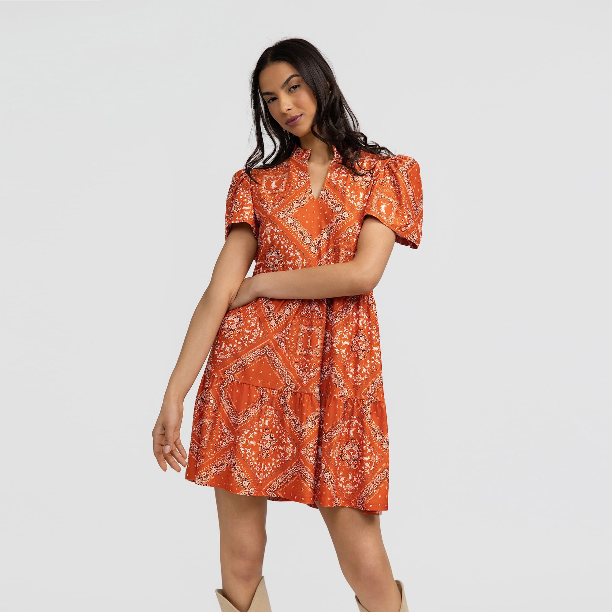 Robe à volants imprimée bandana Texas Longhorns orange de Smith & Quinn pour femme
