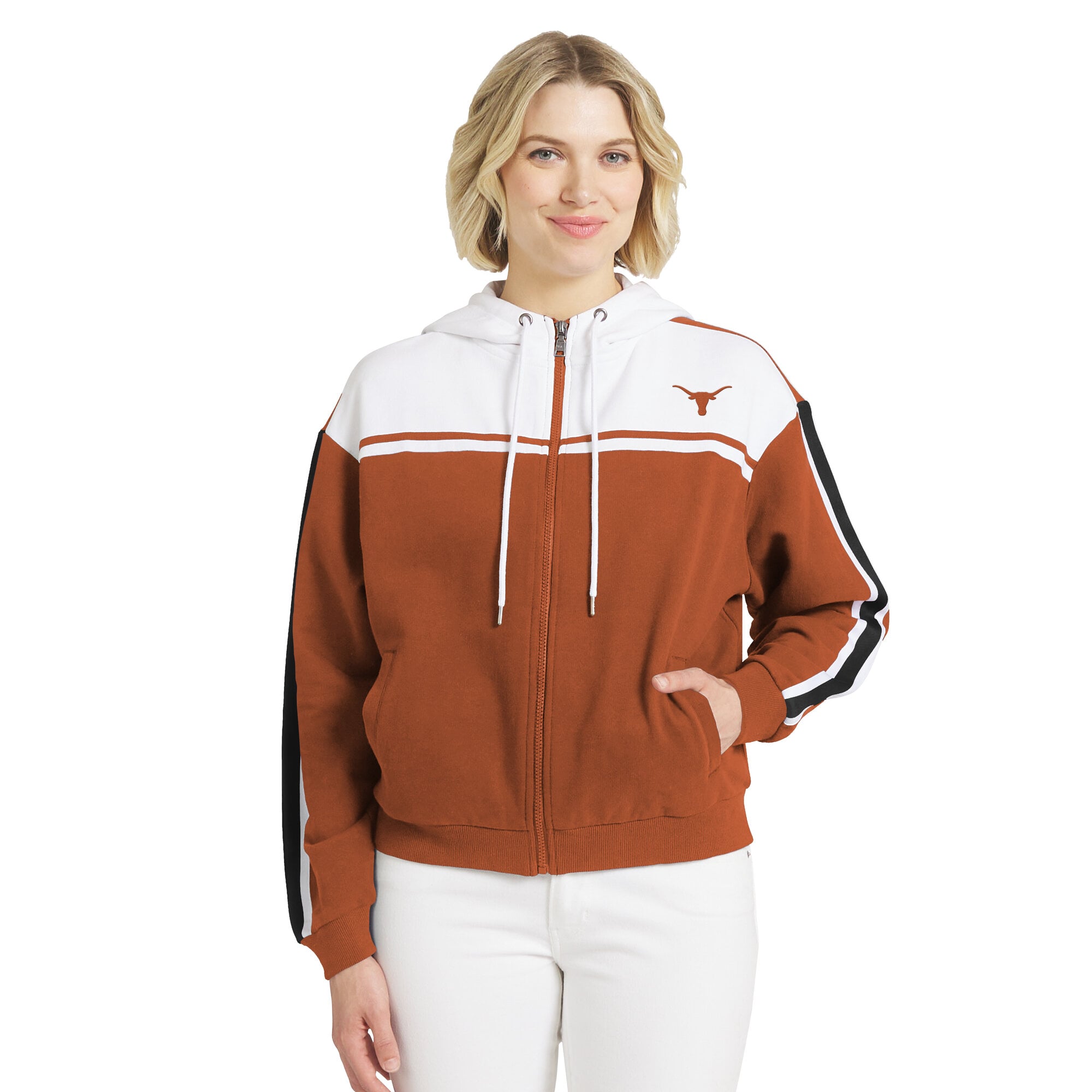 Sweat à capuche zippé pour femme WEAR by Erin Andrews, motif Texas Longhorns, orange Texas, rayures et manches colorblock.