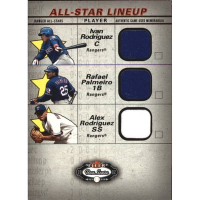 2002 Fleer Box Score All-Star Lineup Game Used #3 Ivan Rodriguez Jsy/Rafael Palmeiro Bat/Alex Rodriguez Jsy