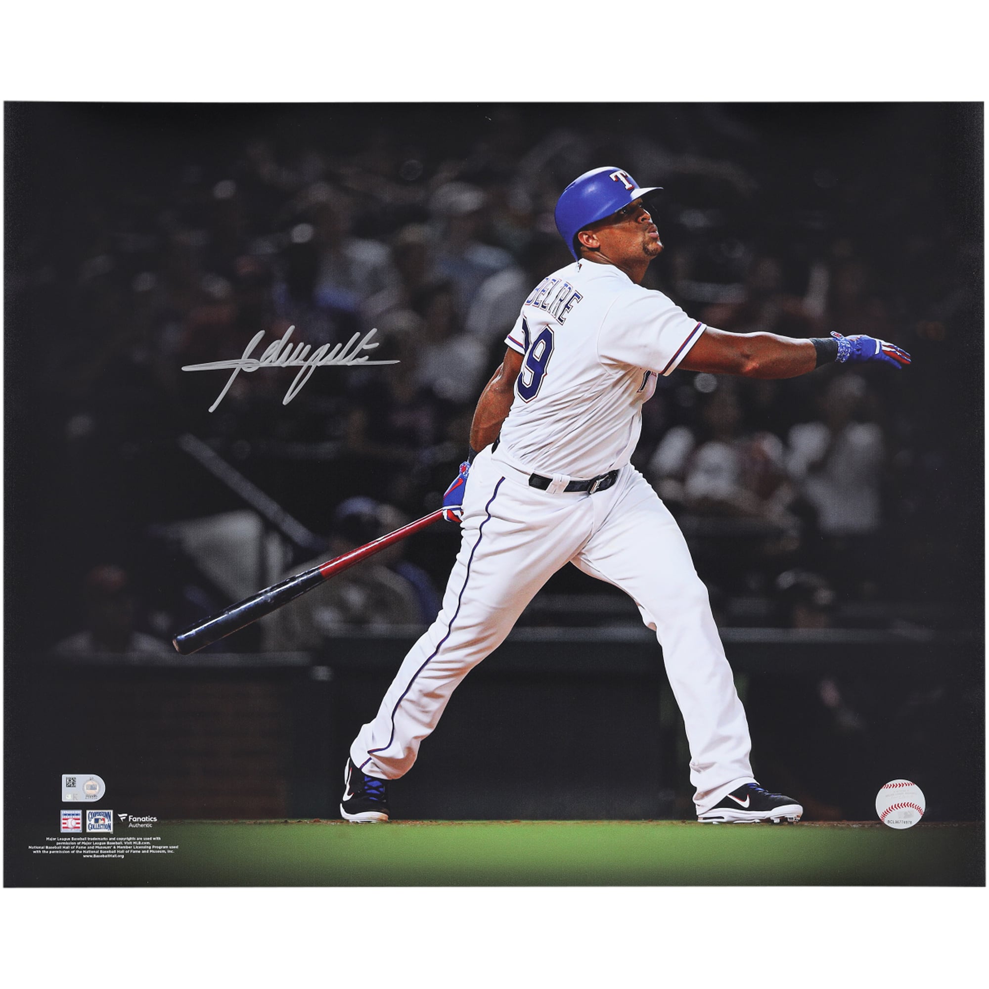 Photo dédicacée d'Adrian Beltre, joueur des Texas Rangers, en hommage à son home run (40 x 50 cm).