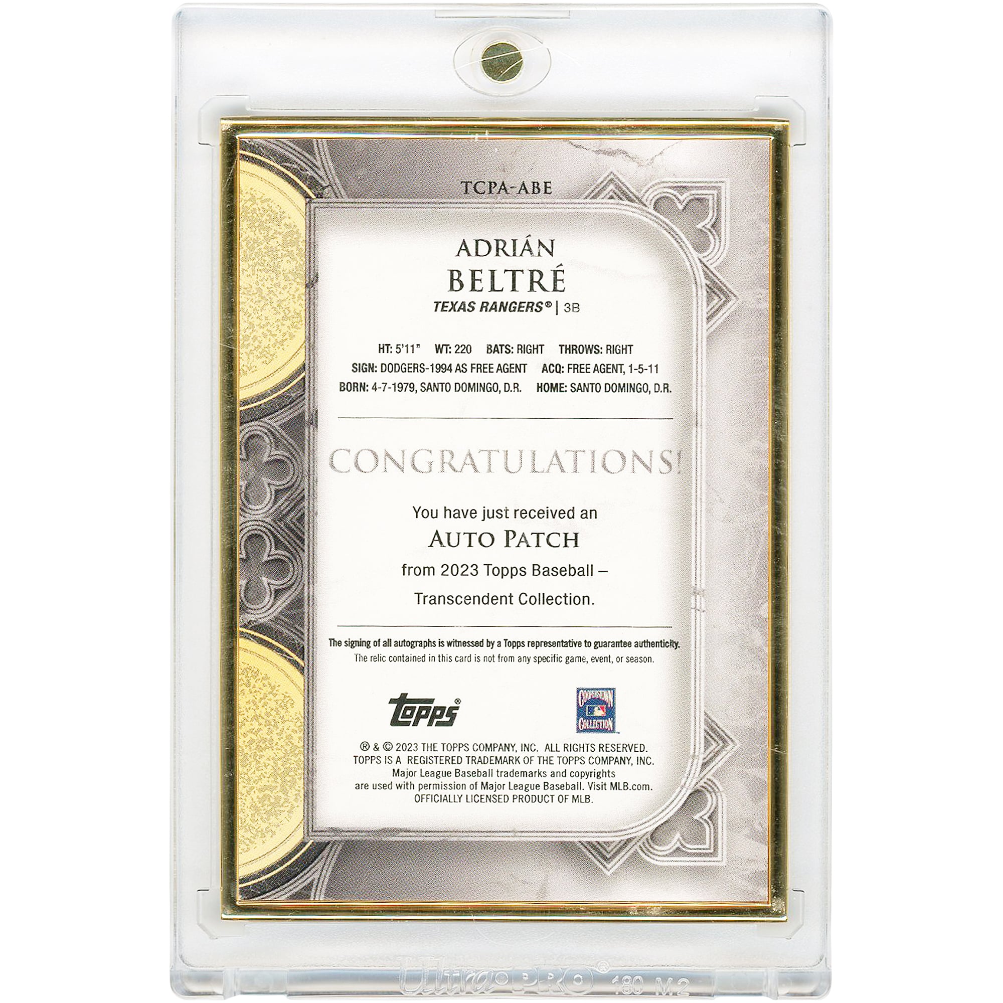 Carte autographiée par Adrian Beltre des Texas Rangers, collection Topps Transcendent Quad-Color Game Used Relic 2023, n° TCPA-ABE, n° 9/10