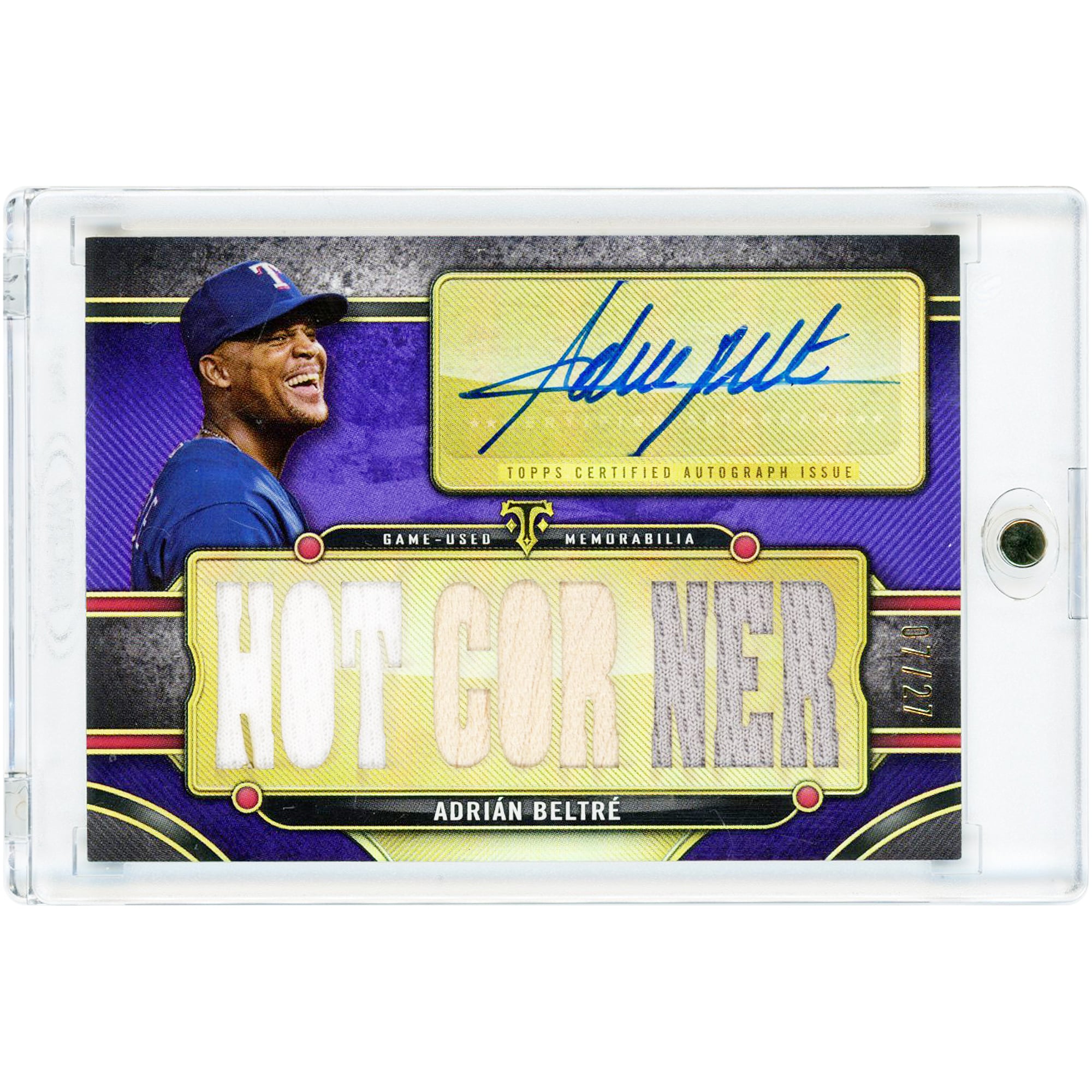 Carte autographiée d'Adrian Beltre (Texas Rangers) 2024 Topps Triple Threads (reliques de match, batte et maillot bicolore) #TTAR-AB2 #7/27