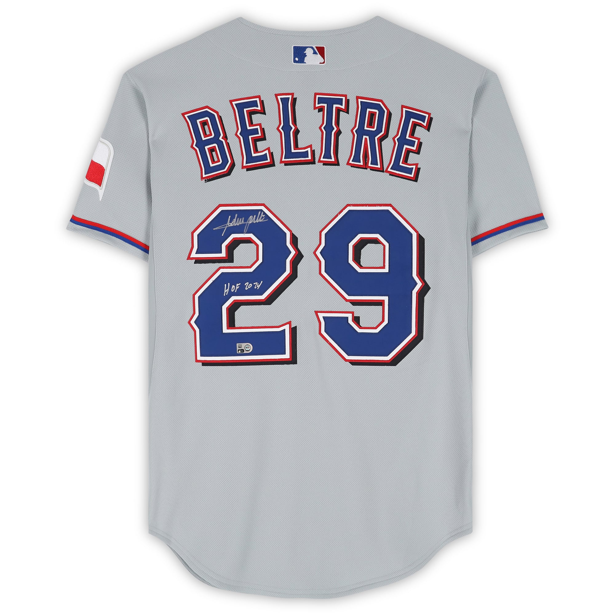 Maillot authentique gris Mitchell & Ness autographié par Adrian Beltre des Texas Rangers, avec inscription « HOF 2024 ».