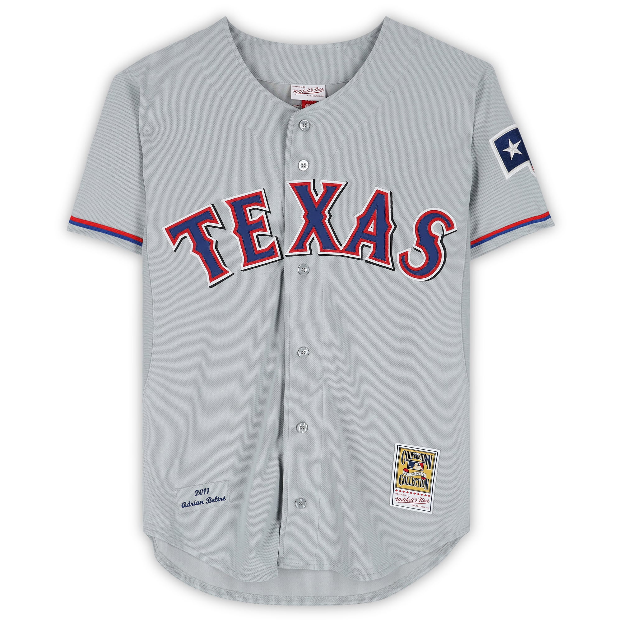 Maillot authentique gris Mitchell & Ness autographié par Adrian Beltre des Texas Rangers, avec inscription « HOF 2024 ».