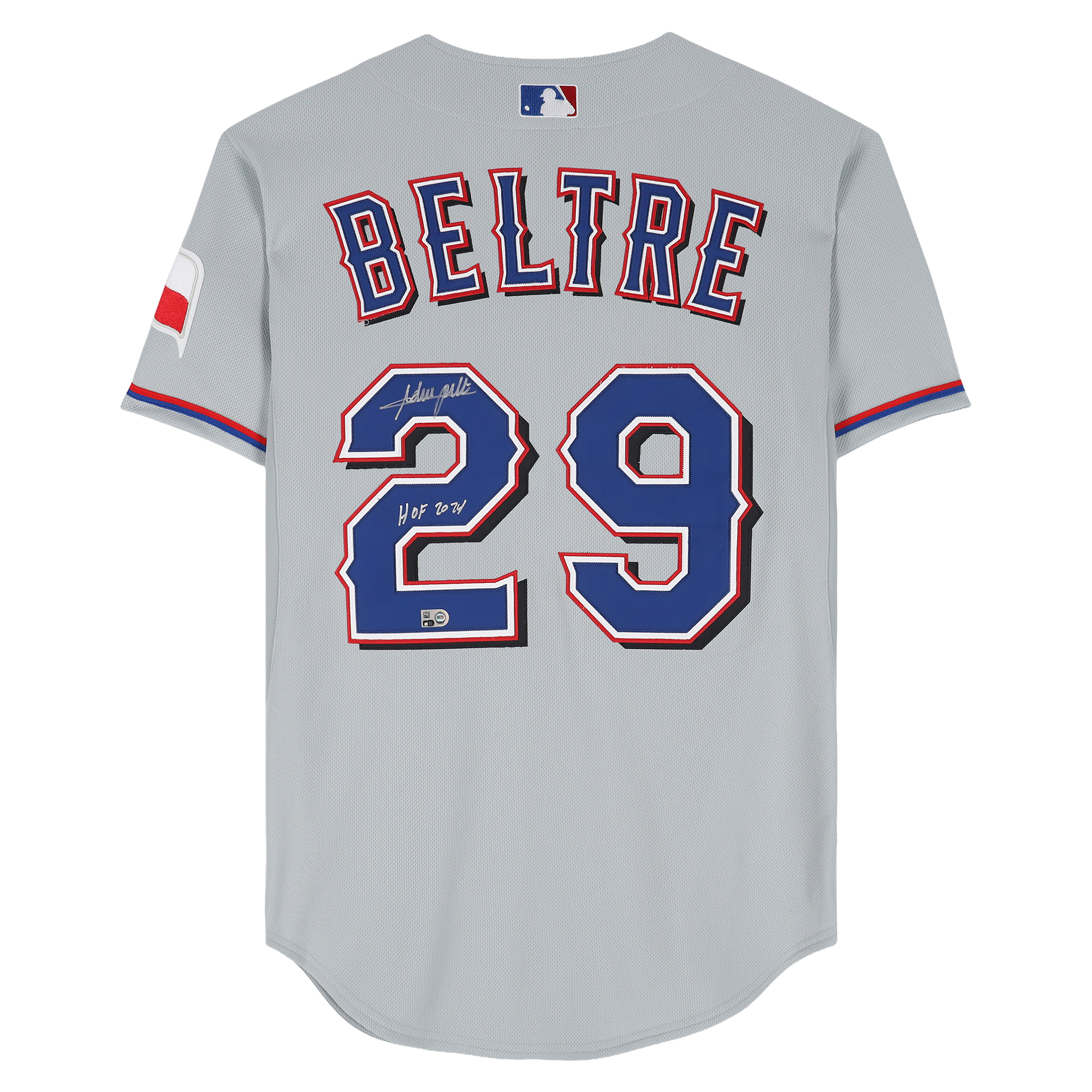 Maillot authentique gris Mitchell & Ness autographié par Adrian Beltre des Texas Rangers, avec inscription « HOF 2024 ».