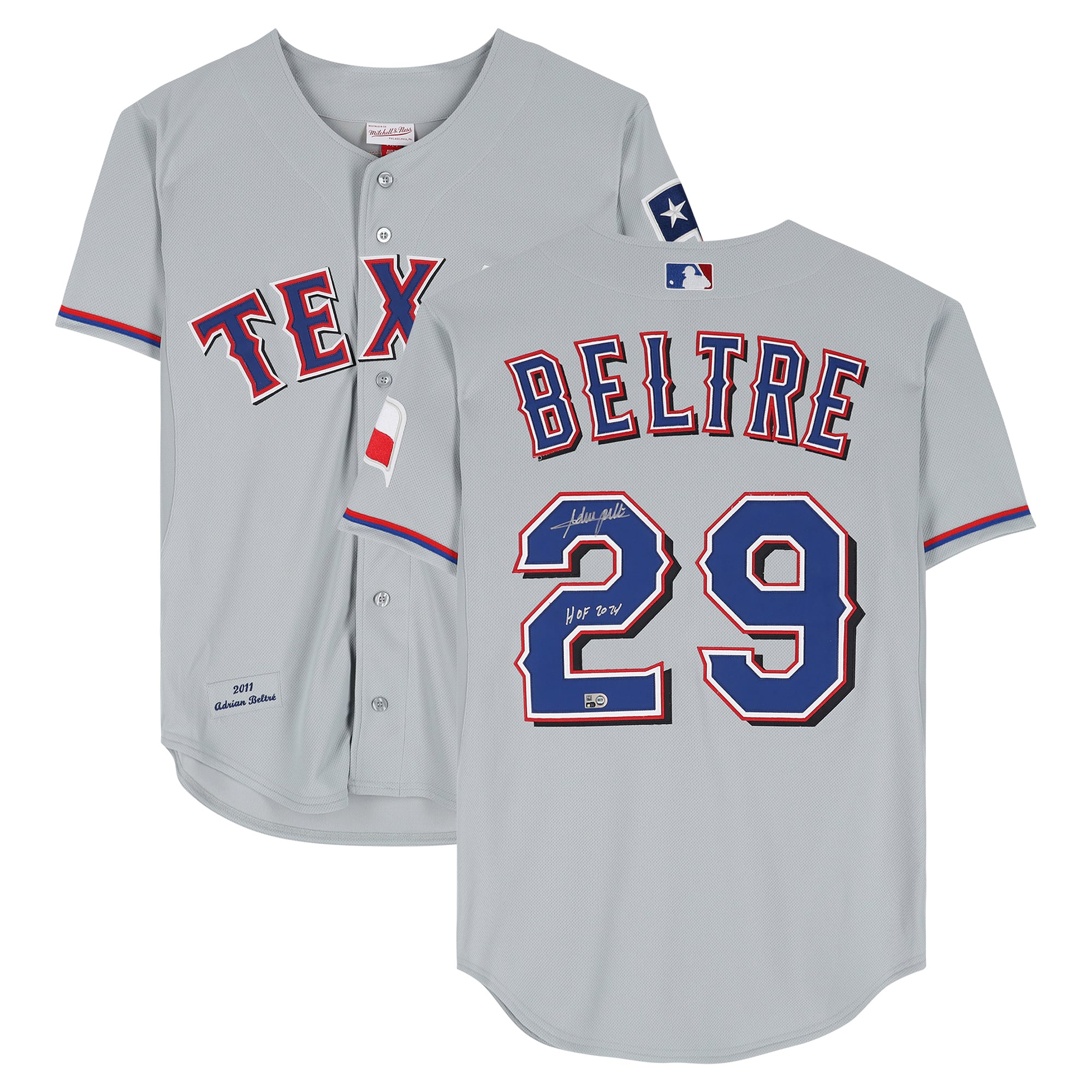 Maillot authentique gris Mitchell & Ness autographié par Adrian Beltre des Texas Rangers, avec inscription « HOF 2024 ».