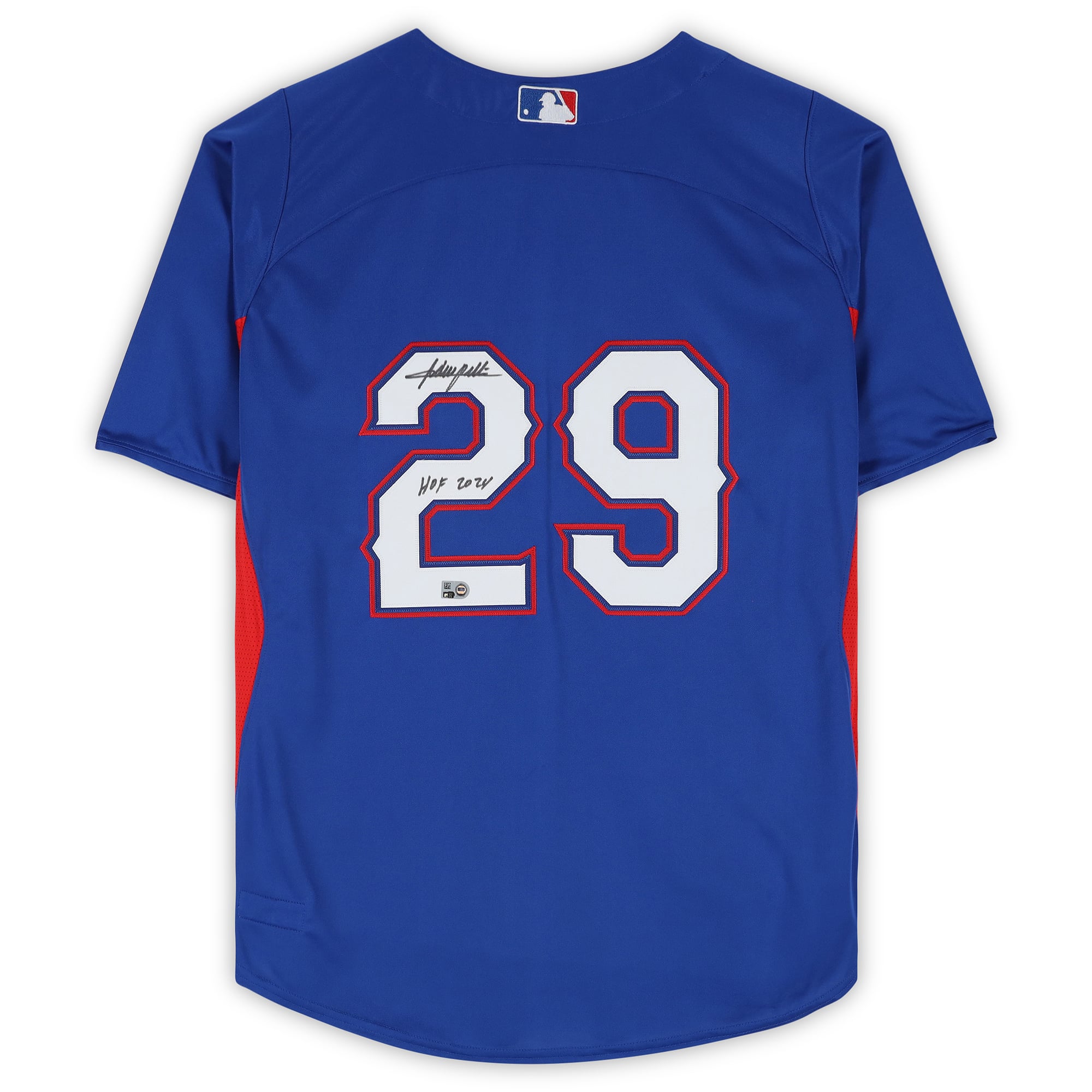 Maillot d'entraînement Royal Mitchell & Ness autographié par Adrian Beltre, des Texas Rangers, avec inscription « HOF 2024 ».