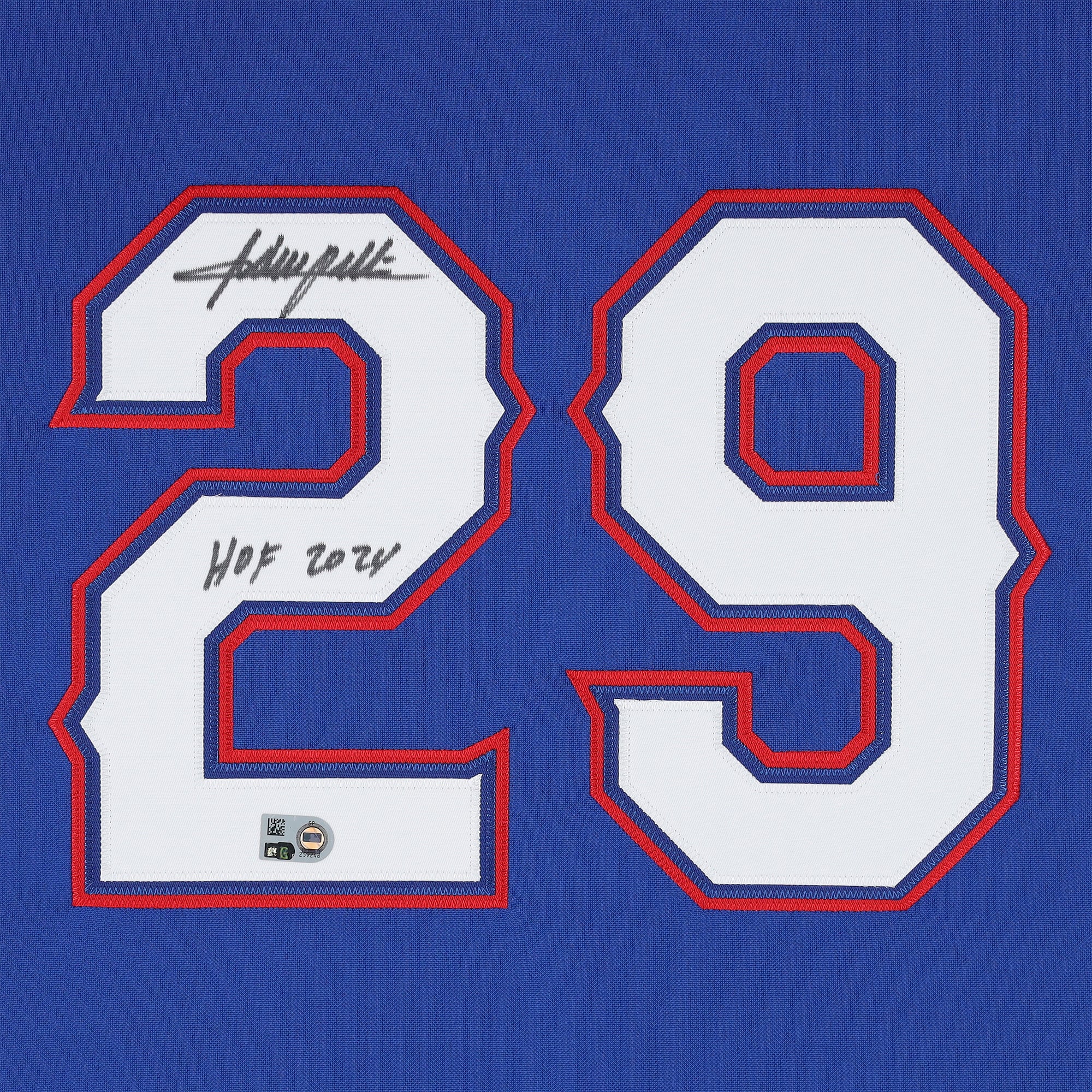 Maillot d'entraînement Royal Mitchell & Ness autographié par Adrian Beltre, des Texas Rangers, avec inscription « HOF 2024 ».
