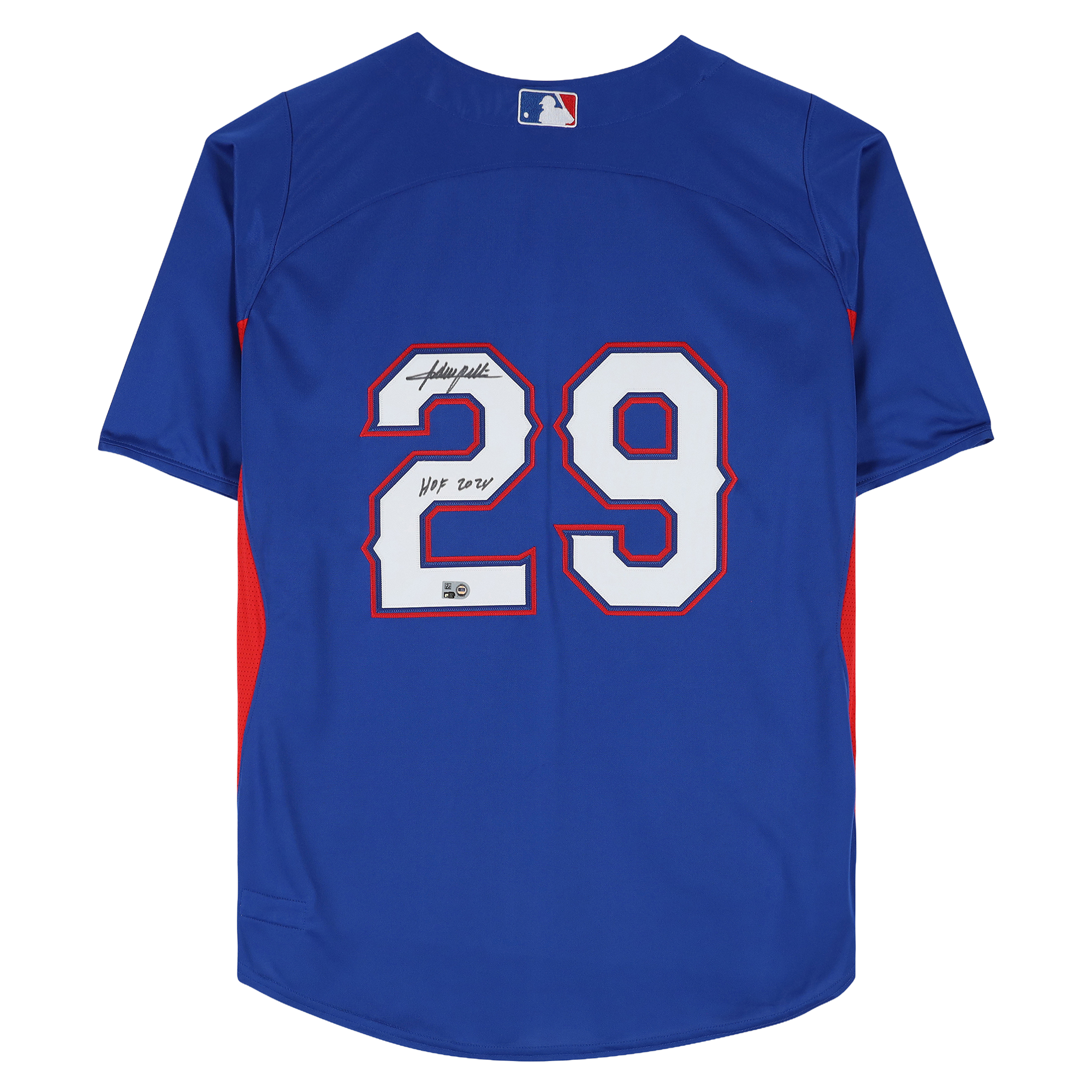 Maillot d'entraînement Royal Mitchell & Ness autographié par Adrian Beltre, des Texas Rangers, avec inscription « HOF 2024 ».
