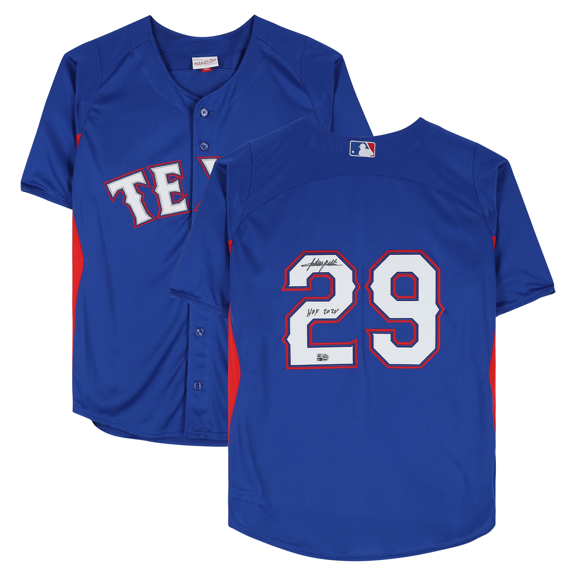 Maillot d'entraînement Royal Mitchell & Ness autographié par Adrian Beltre, des Texas Rangers, avec inscription « HOF 2024 ».