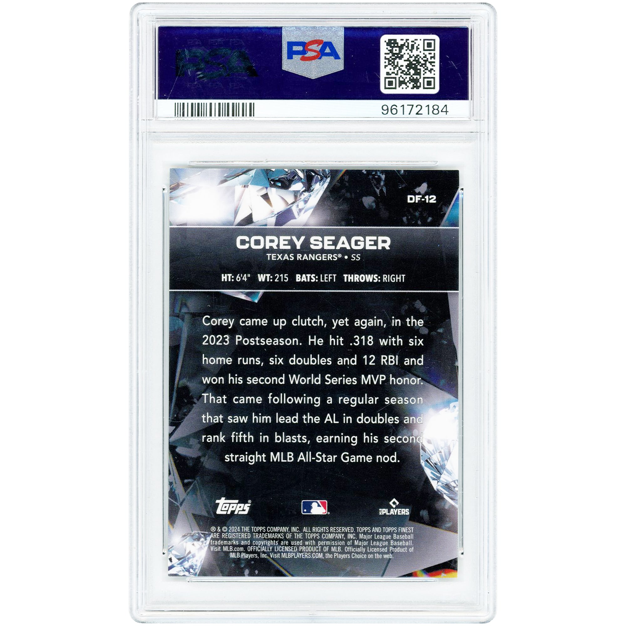Carte de Corey Seager, Texas Rangers, 2024 Topps Finest Diamond Finest Superfractor #DF-12 #1/1 authentifiée par PSA (10 cartes).