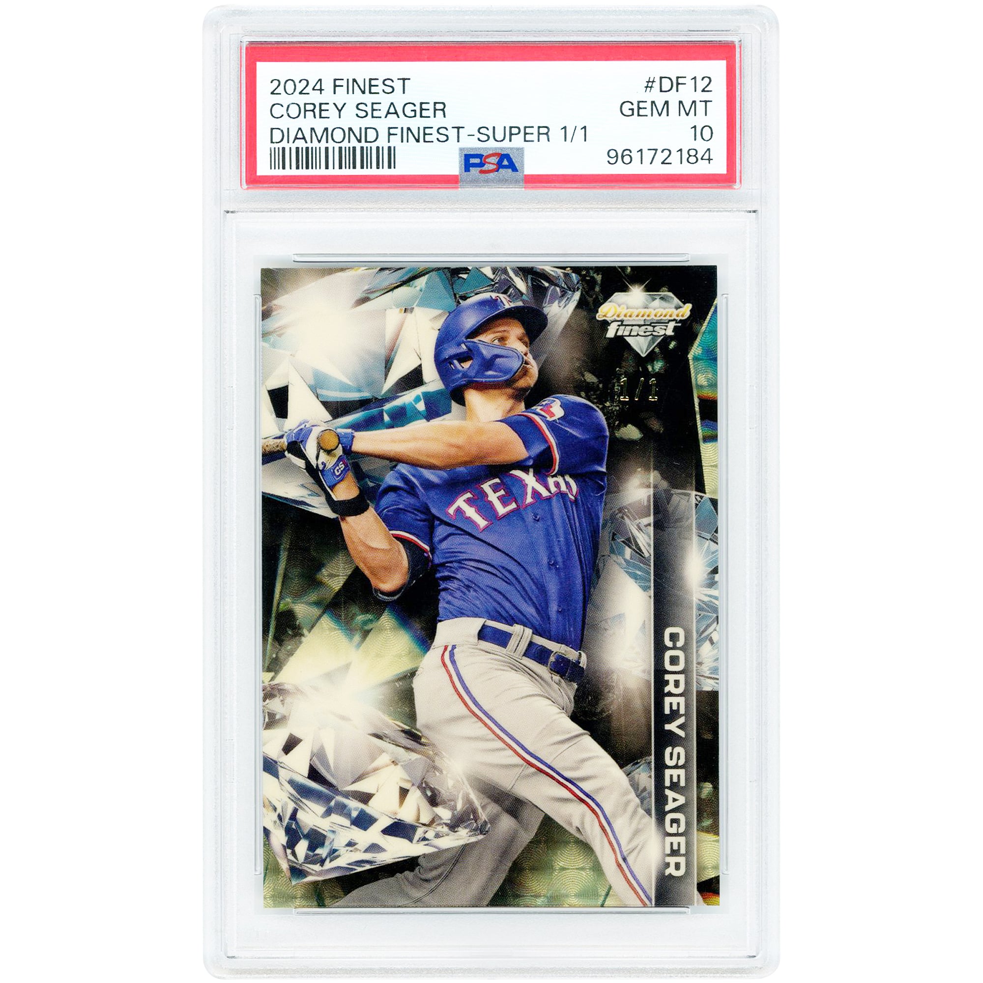 Carte de Corey Seager, Texas Rangers, 2024 Topps Finest Diamond Finest Superfractor #DF-12 #1/1 authentifiée par PSA (10 cartes).