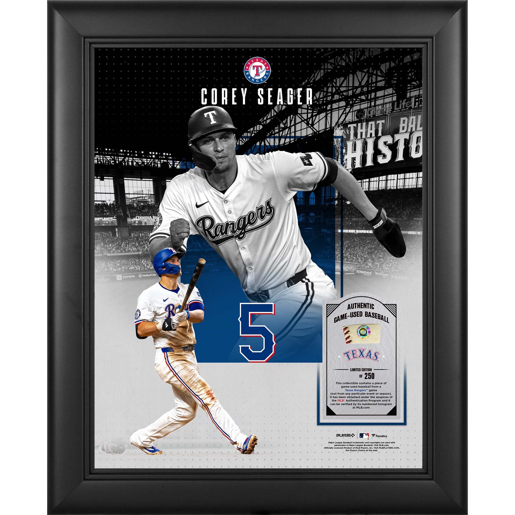 Collage encadré 11" x 14" de Corey Seager, Texas Rangers, avec un morceau de balle utilisée en match - Édition limitée à 250 exemplaires