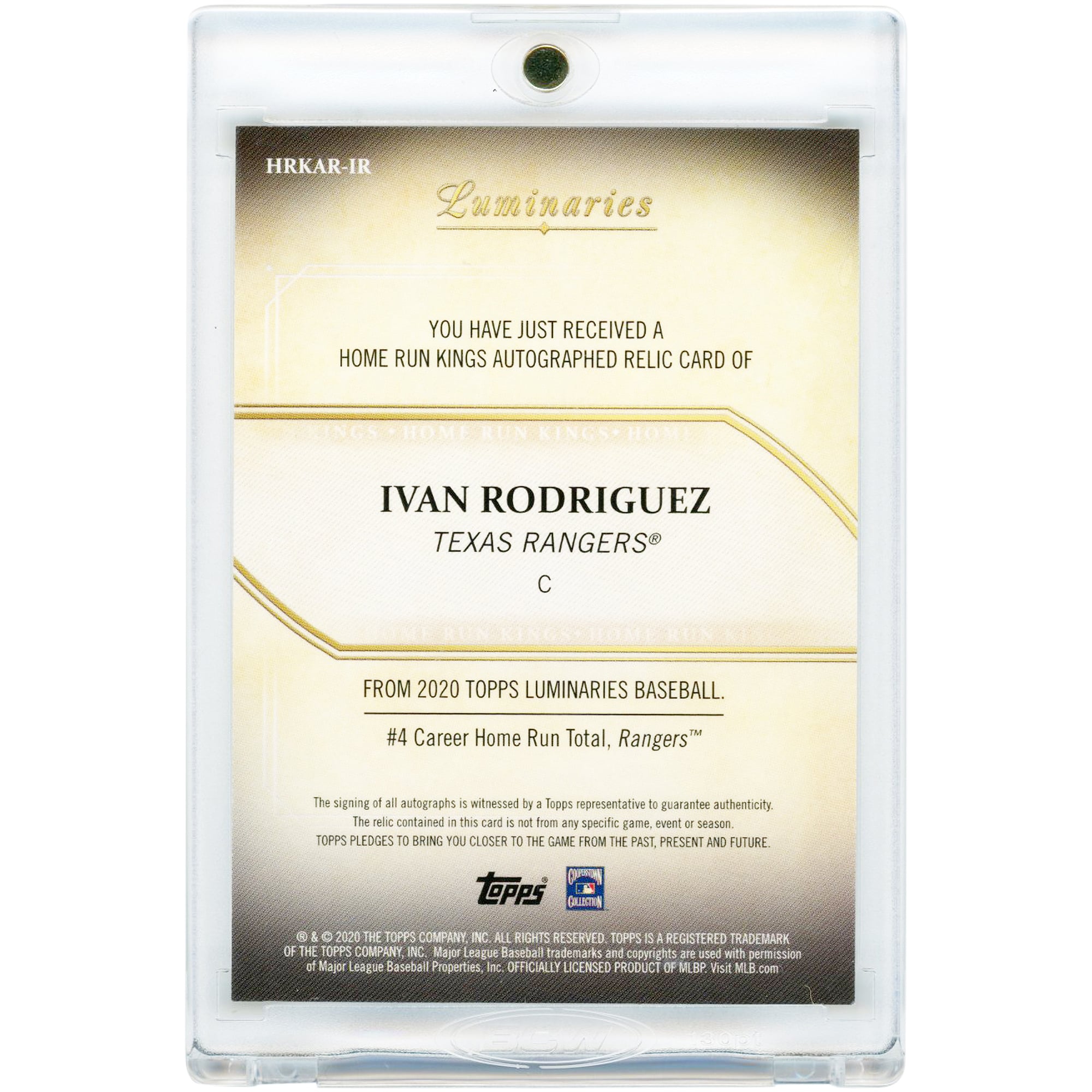 Ivan Rodriguez Texas Rangers Autographed 2020 Topps Luminaries Triple Game-Used Relics #HRKAR-IR #9/15 Card