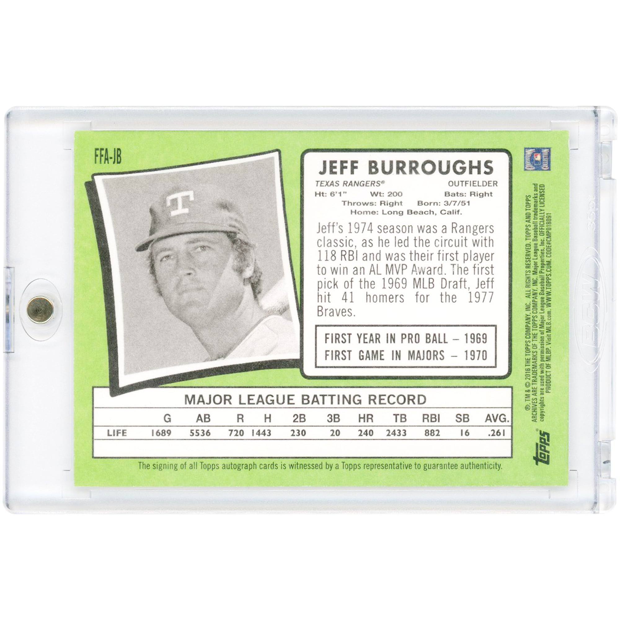 Carte autographiée Jeff Burroughs des Texas Rangers, collection Topps Archives 2016, favorite des fans, n° FFA-JB