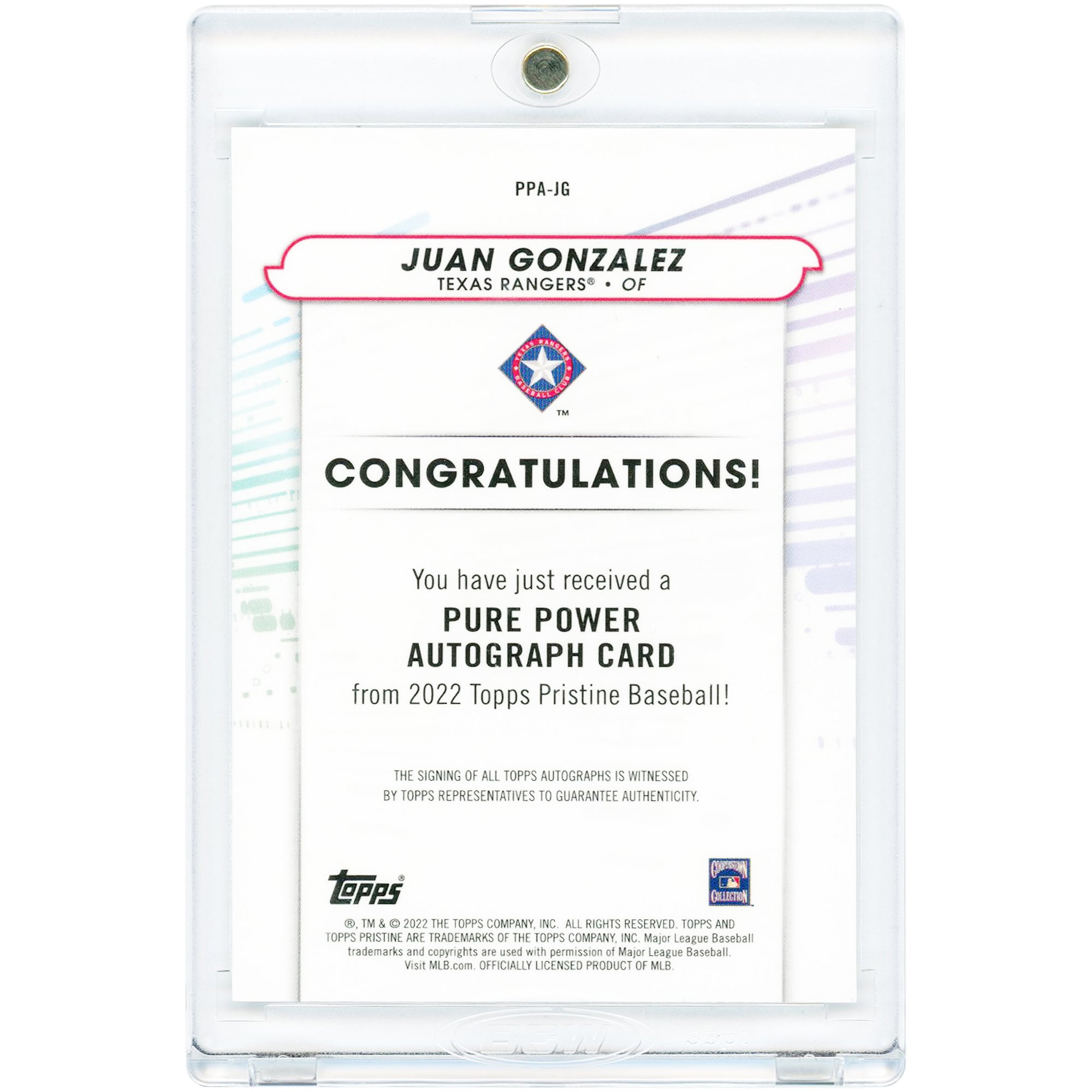 Juan González Texas Rangers Autographed 2022 Topps Pristine Pure Power #PPA-JG Card