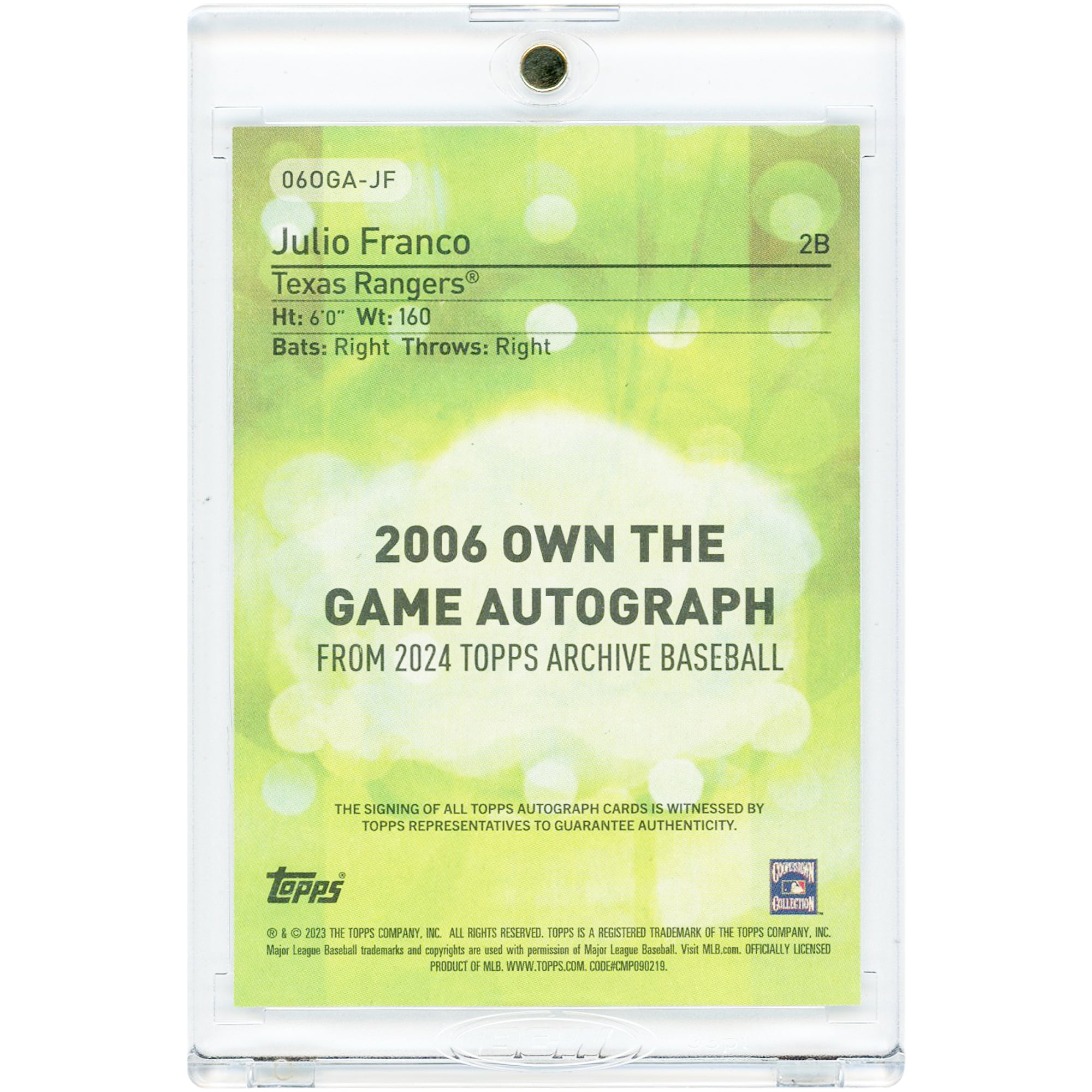 Julio Franco Texas Rangers Autographed 2024 Topps Archive '06 Own the Game #06OGA-JF Card