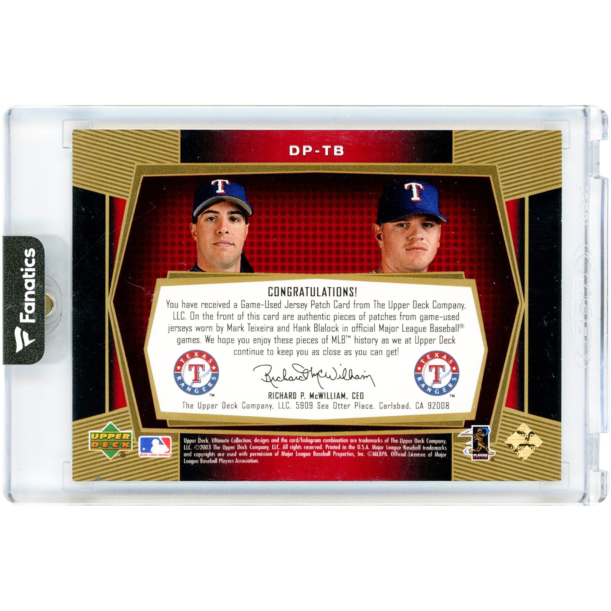 Carte Mark Teixeira & Hank Blalock Texas Rangers 2003 Upper Deck Ultimate Collection Dual Patch Game Used Quad-Color Jersey Relics #DP-TB #22/35