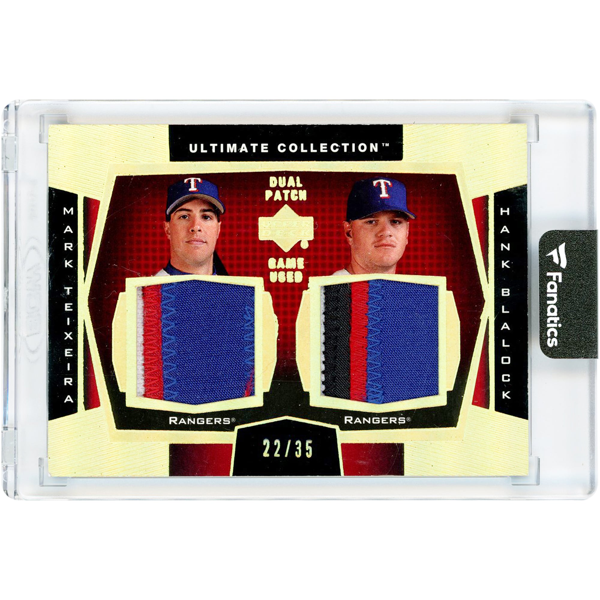 Carte Mark Teixeira & Hank Blalock Texas Rangers 2003 Upper Deck Ultimate Collection Dual Patch Game Used Quad-Color Jersey Relics #DP-TB #22/35