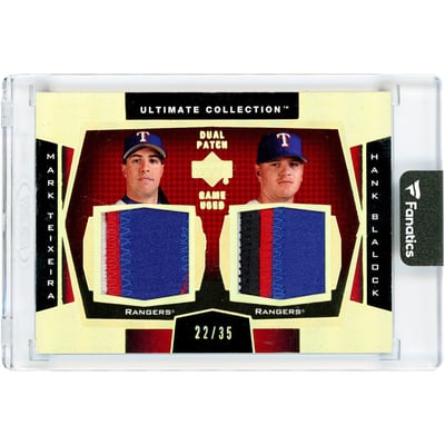 Mark Teixeira & Hank Blalock Texas Rangers 2003 Upper Deck Ultimate Collection Dual Patch Game Used Quad-Color Jersey Relics #DP-TB #22/35 Card