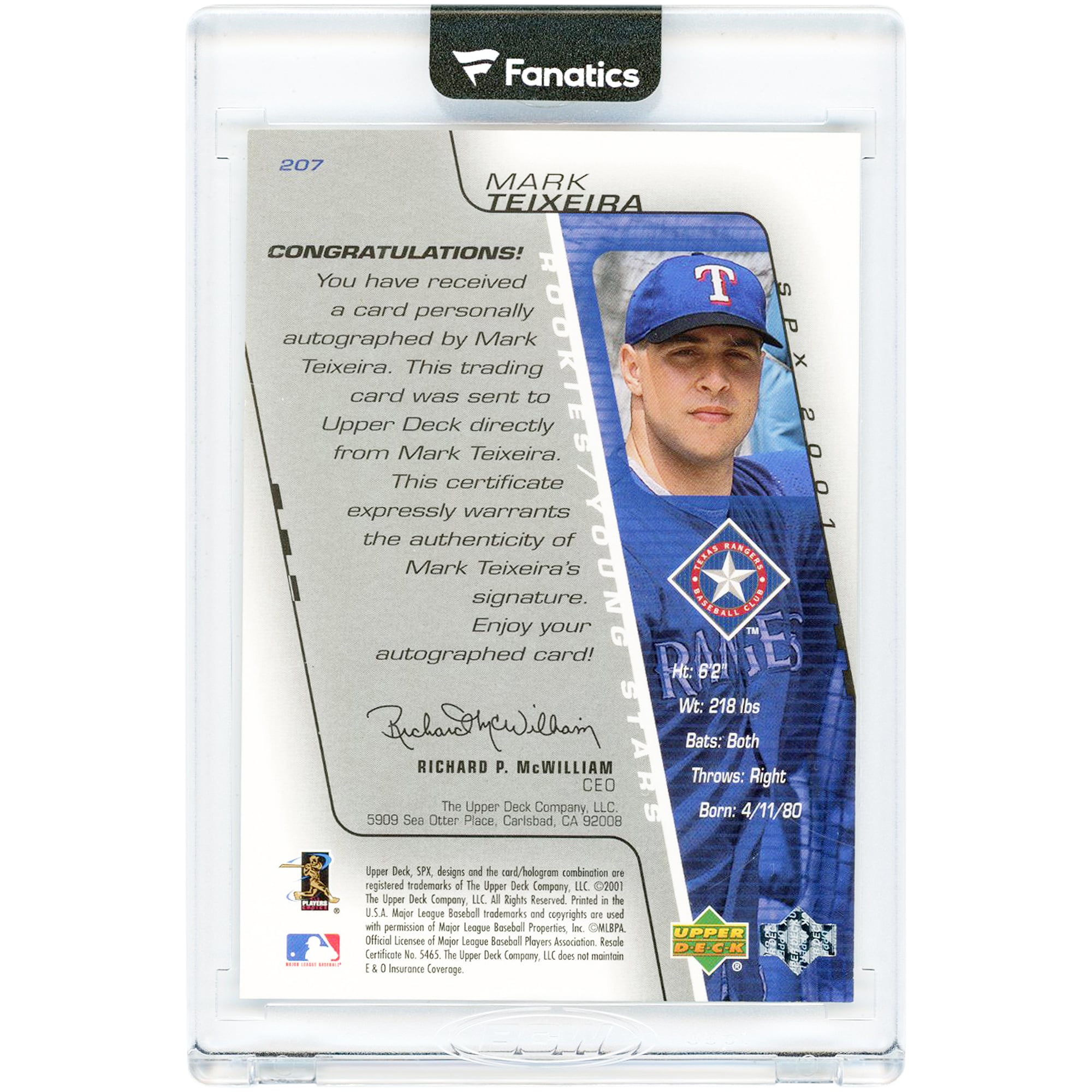 Carte autographiée de Mark Teixeira, Texas Rangers, 2001 Upper Deck SPx n° 207, n° 571/1500