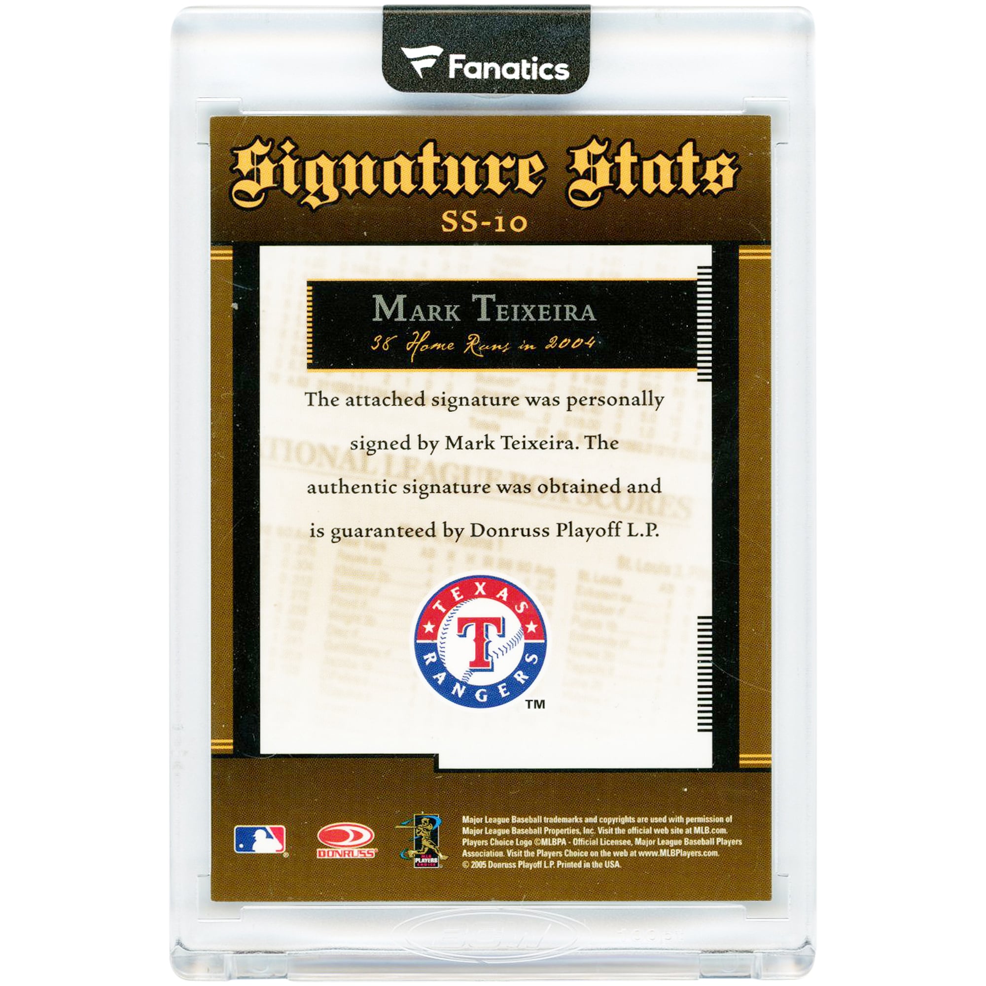 Mark Teixeira Texas Rangers Autographed 2005 Donruss Signature Series Signature Stats Game Used Bat Relic #SS-10 Card