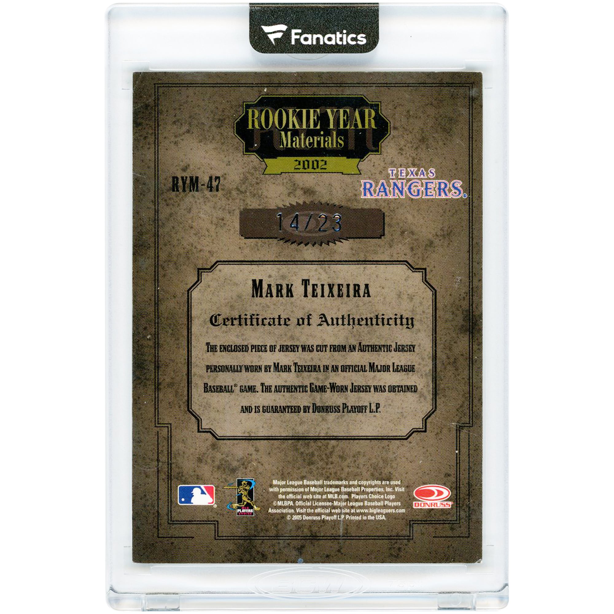 Carte autographiée de Mark Teixeira (Texas Rangers), collection Donruss Timeless Treasures 2005, reliques de maillot porté en match, année recrue, matériaux #RYM-47 #14/23