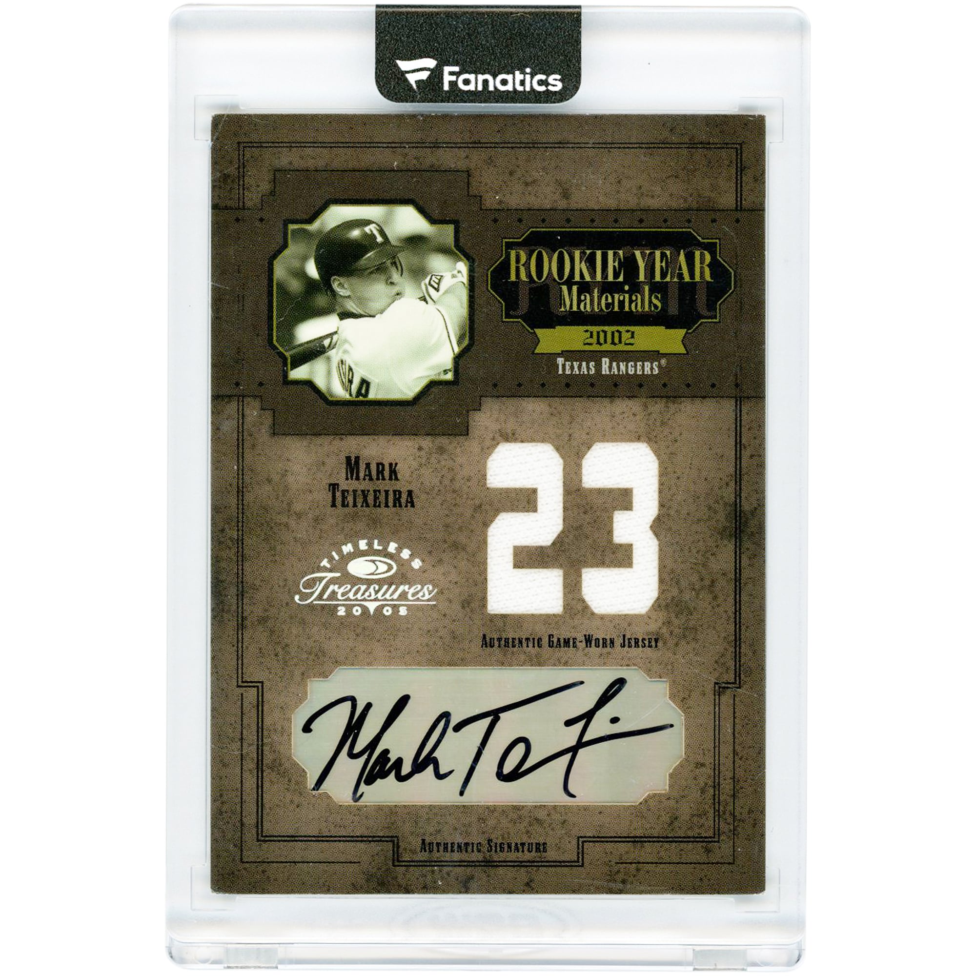 Carte autographiée de Mark Teixeira (Texas Rangers), collection Donruss Timeless Treasures 2005, reliques de maillot porté en match, année recrue, matériaux #RYM-47 #14/23