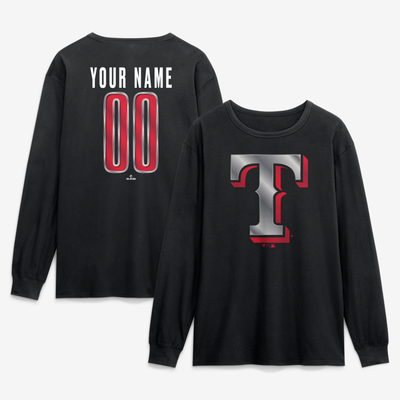 Texas Rangers  Metallic Mascot Personalized Name & Number Long Sleeve T-Shirt - Black