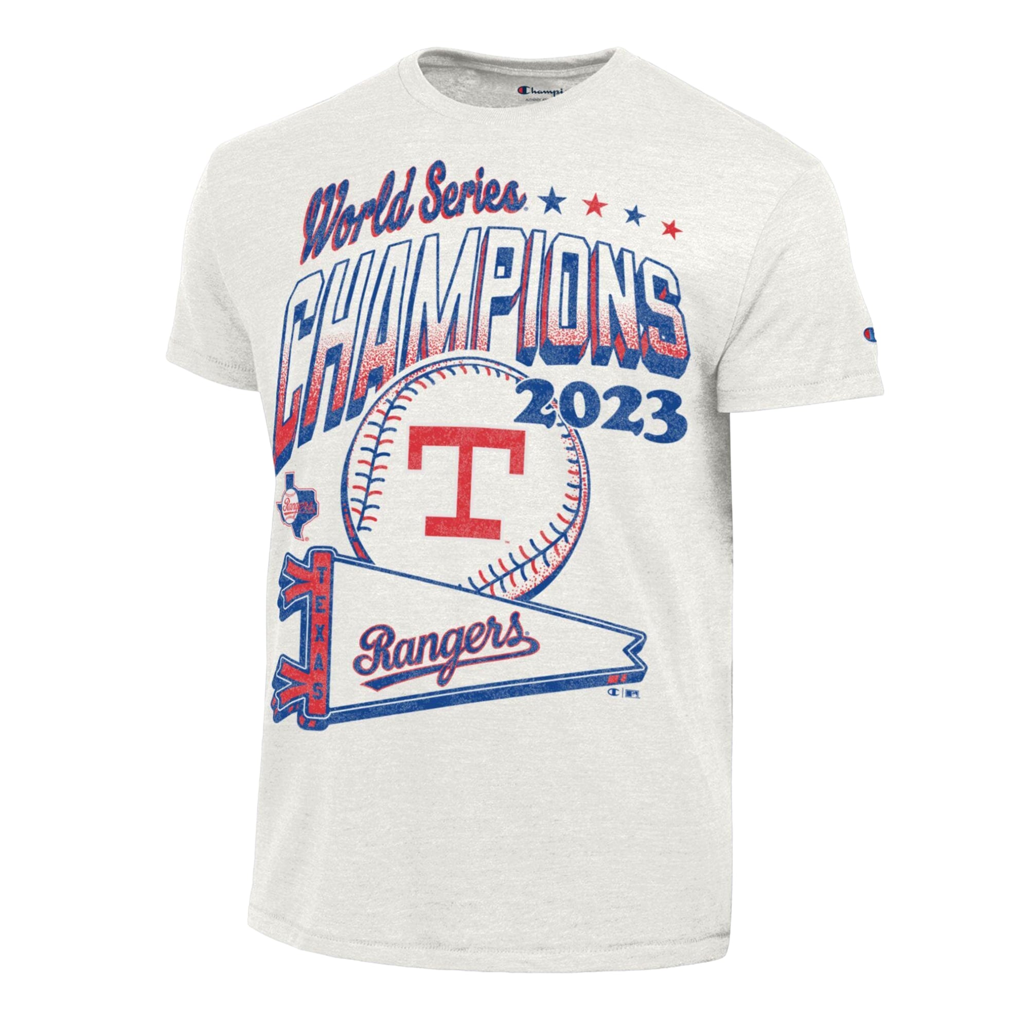 T-shirt Champion crème pour homme, collection Cooperstown, Texas Rangers, tradition gagnante, mélange de trois matières