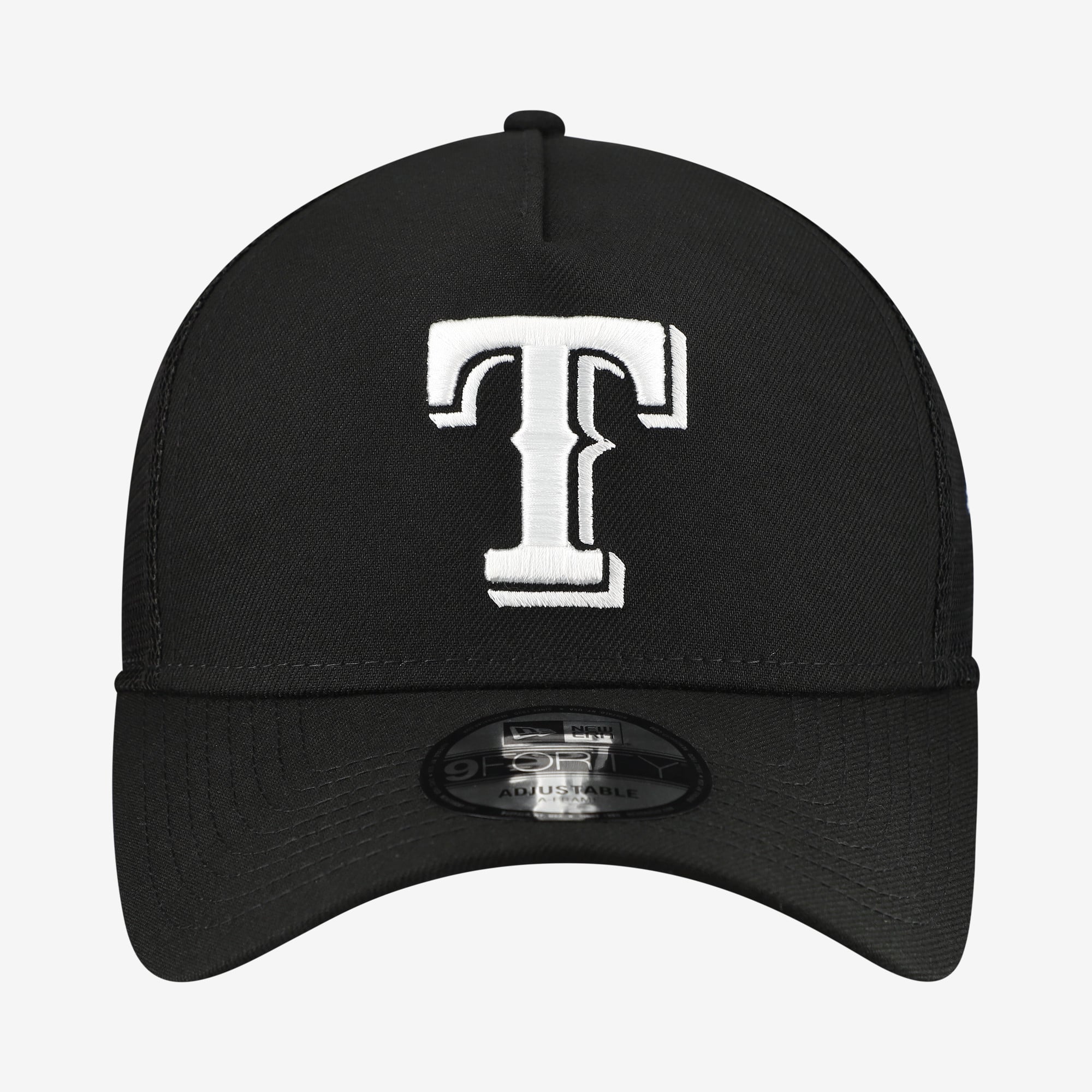 Casquette trucker New Era 9FORTY A-Frame noire pour homme, logo Texas Rangers sur le côté, ajustable.