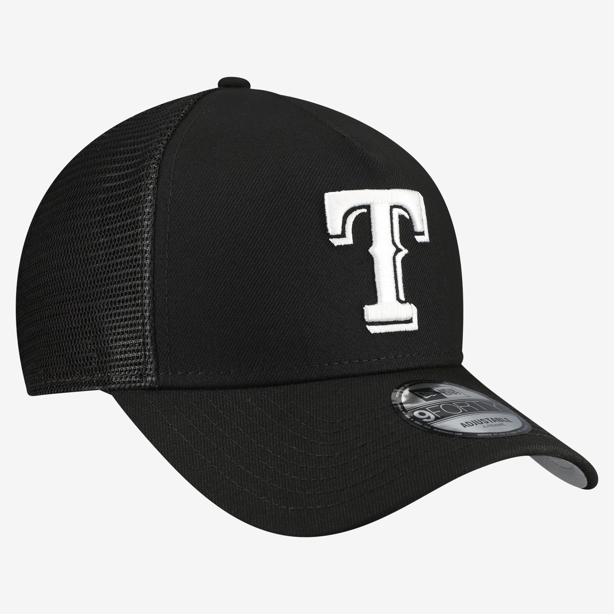 Casquette trucker New Era 9FORTY A-Frame noire pour homme, logo Texas Rangers sur le côté, ajustable.