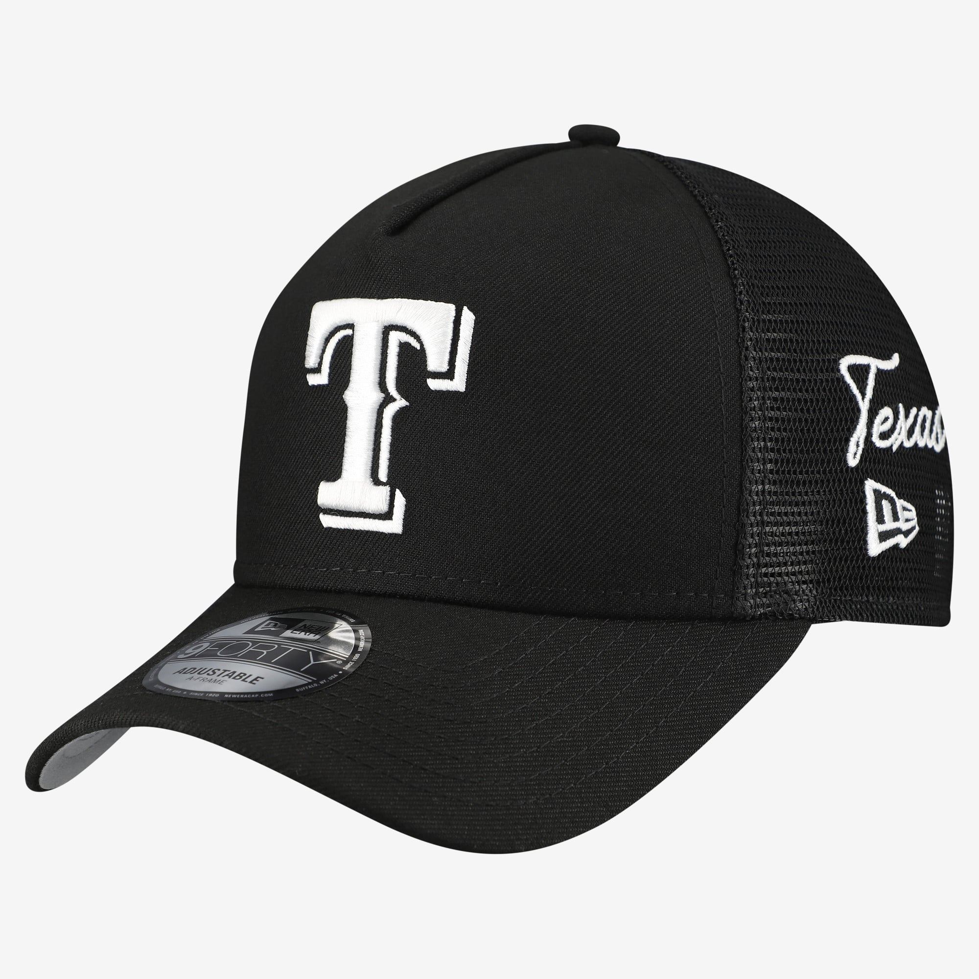 Casquette trucker New Era 9FORTY A-Frame noire pour homme, logo Texas Rangers sur le côté, ajustable.