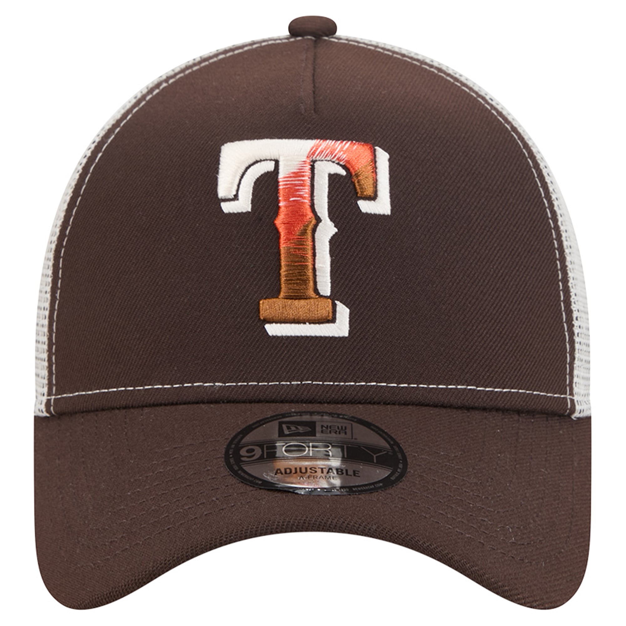 Men's New Era Brown Texas Rangers Pumpkin Spice A-Frame 9FORTY Adjustable Trucker Hat